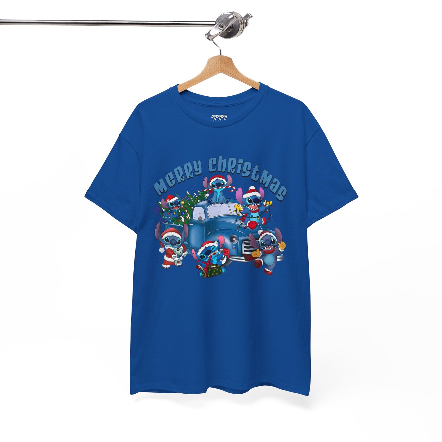 Merry Christmas Unisex Heavy Cotton T-Shirt – Blue Christmas Truck & Cute Holiday Characters Tee