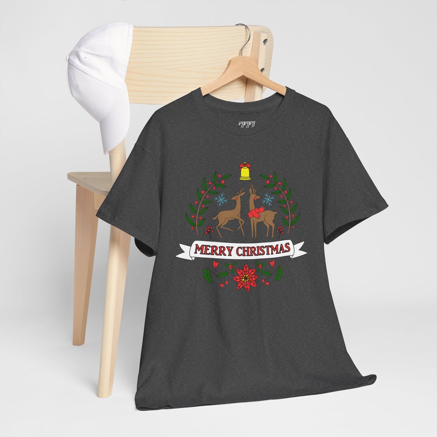 Merry Christmas Reindeer T-Shirt – Classic Holiday Laurel & Poinsettia Tee (Unisex)
