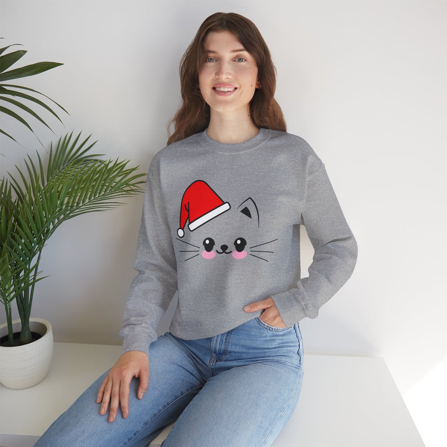Cat Santa Christmas Crewneck – Cute Kawaii Cat Holiday Sweatshirt (Unisex)