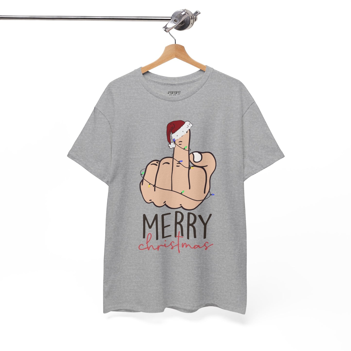 Merry Christmas Middle Finger Funny Adult Holiday Tee – Sarcastic Santa Joke Unisex Heavy Cotton T-Shirt