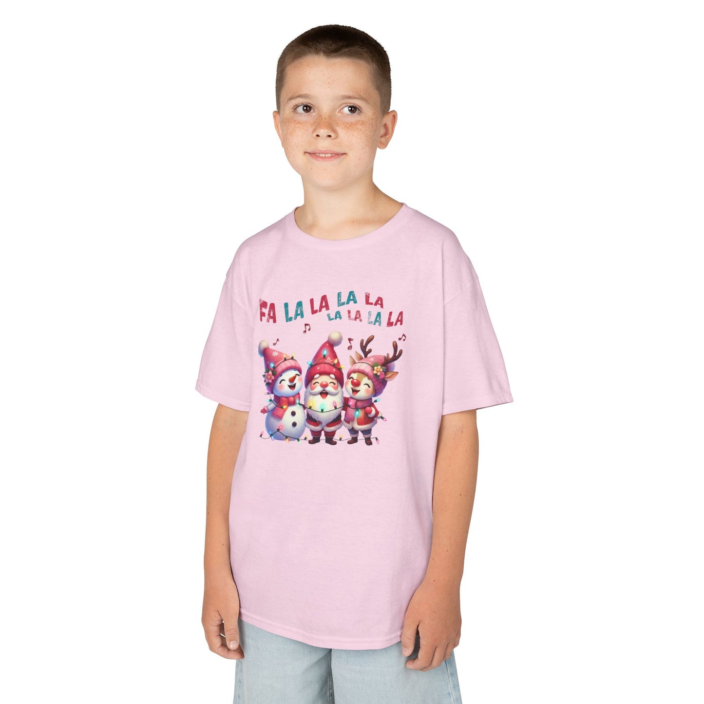 Festive Caroling Trio Kids Christmas T-Shirt – Cute Santa, Snowman & Reindeer Holiday Tee