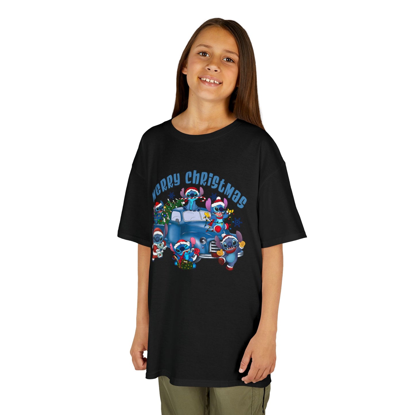 Merry Christmas Kids T-Shirt – Cute Blue Holiday Characters & Christmas Truck Tee