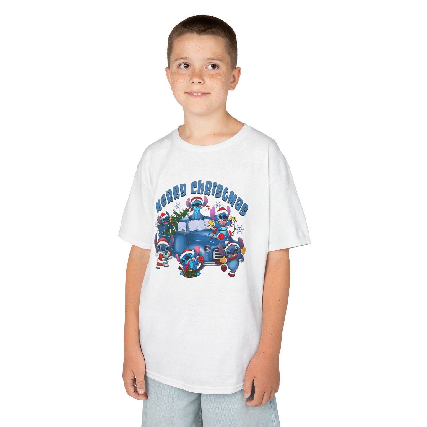 Merry Christmas Kids T-Shirt – Cute Blue Holiday Characters & Christmas Truck Tee