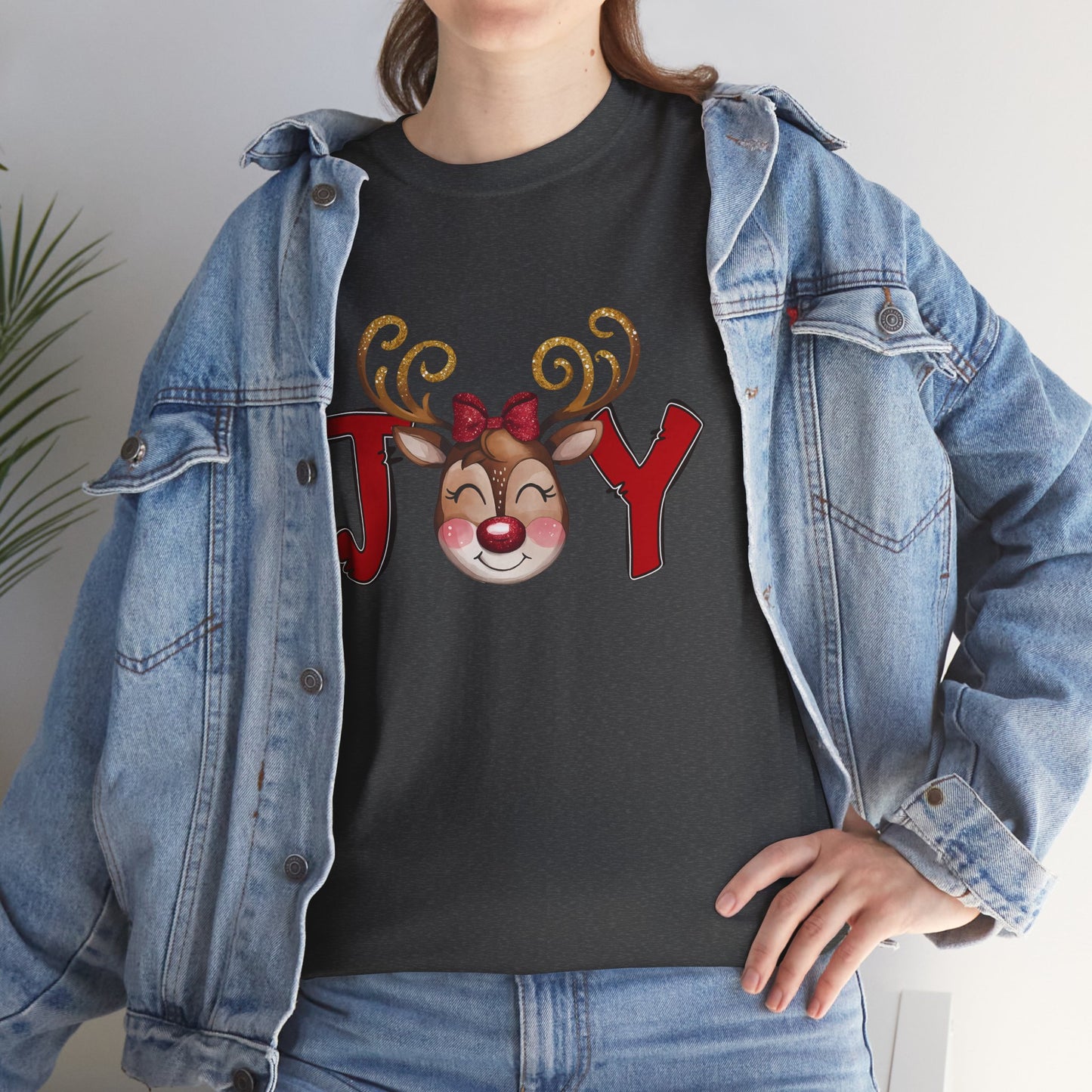 Reindeer Joy Women’s Christmas T-Shirt – Cute Holiday Reindeer Face Heavy Cotton Tee