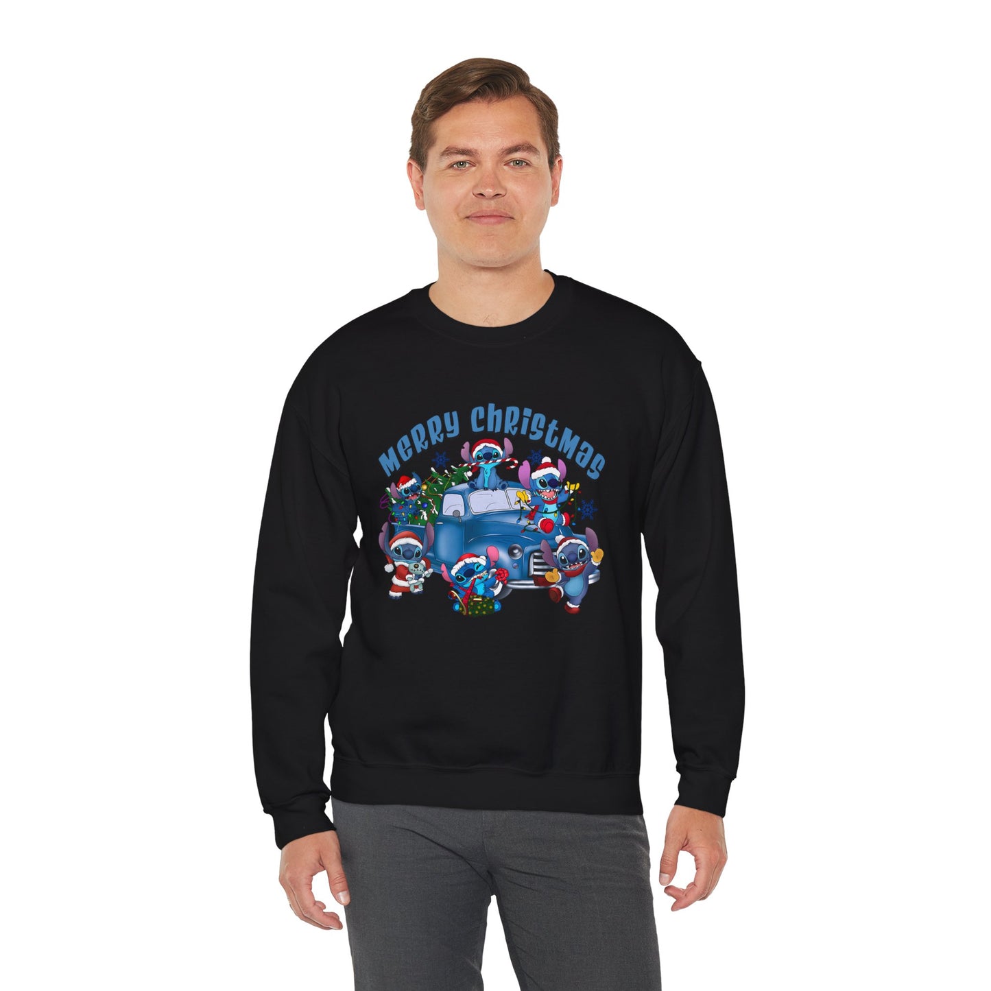 Merry Christmas Unisex Heavy Blend Crewneck Sweatshirt – Blue Christmas Truck & Cute Holiday Characters Sweater