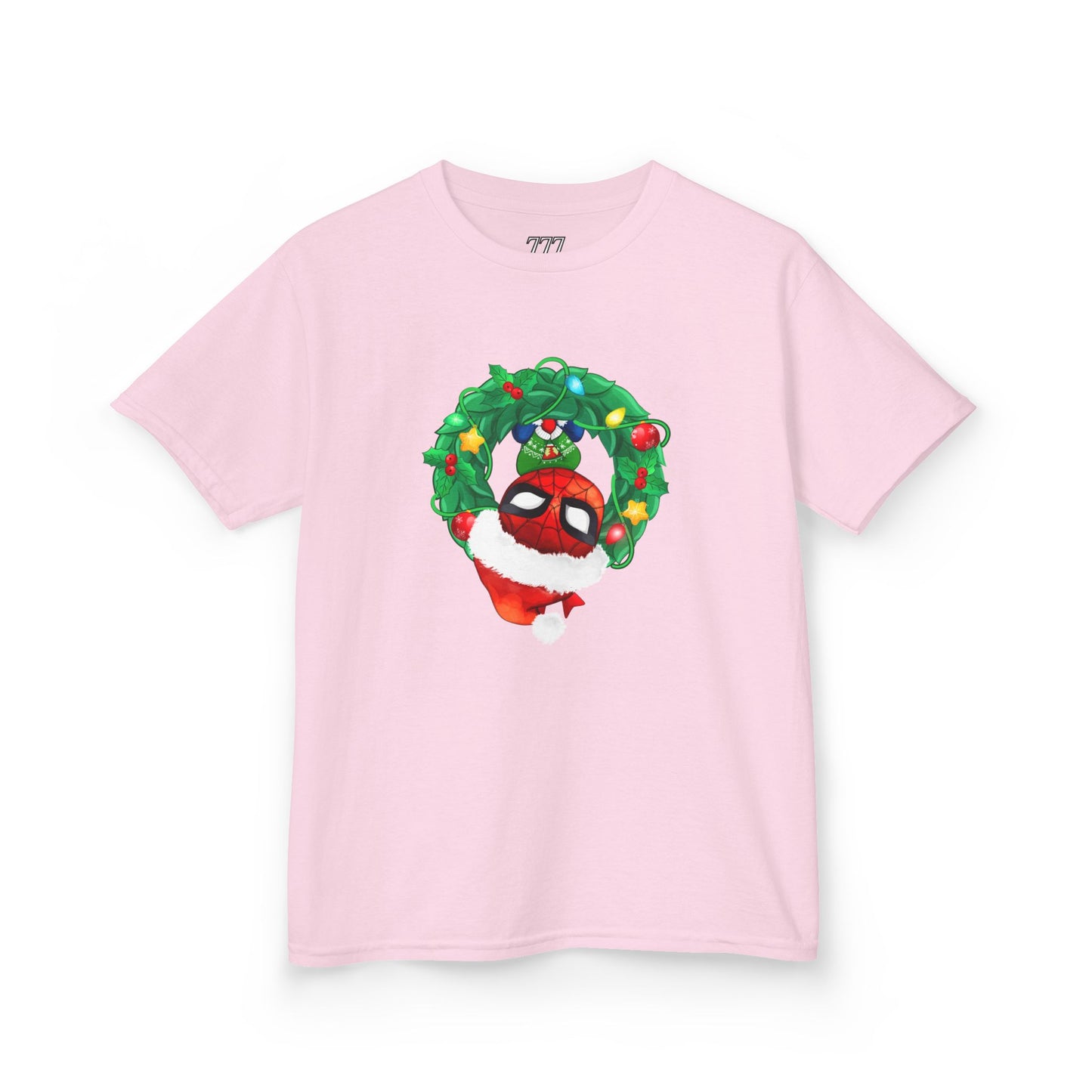 Spidey Wreath Kids Christmas Tee – Superhero Holiday Shirt for Kids Heavy Cotton T-Shirt