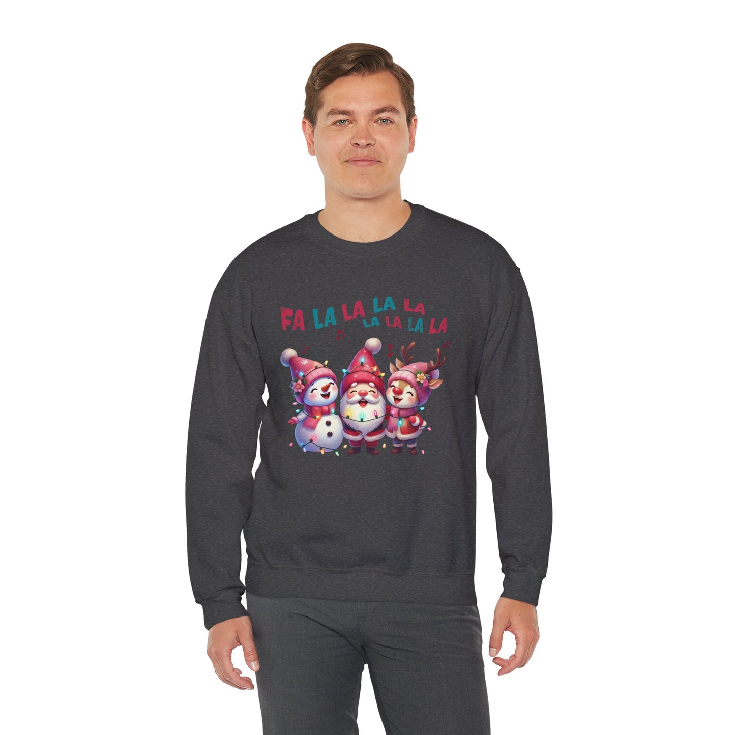 Festive Caroling Trio Christmas Crewneck – Cute Santa, Snowman & Reindeer Holiday Sweatshirt (Unisex)