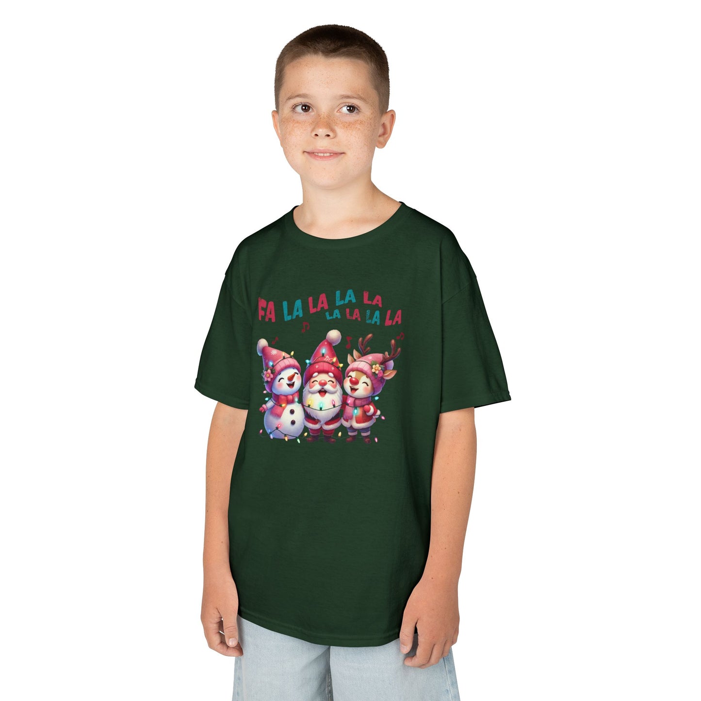 Festive Caroling Trio Kids Christmas T-Shirt – Cute Santa, Snowman & Reindeer Holiday Tee