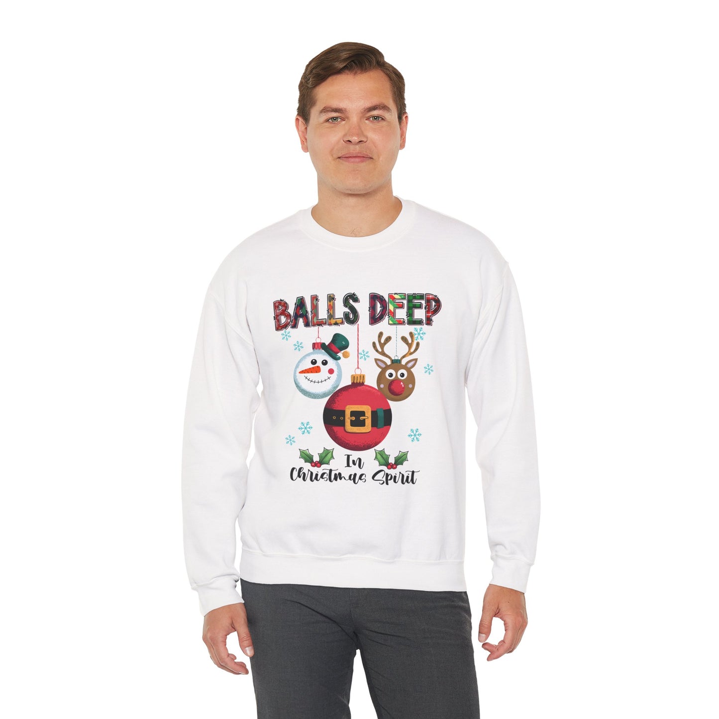 Balls Deep in Christmas Spirit Unisex Heavy Blend Crewneck Sweatshirt – Funny Adult Holiday Snowman & Reindeer Sweater