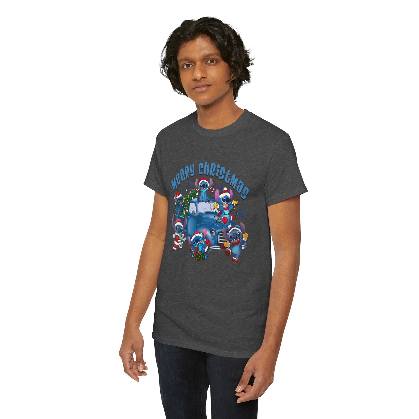 Merry Christmas Unisex Heavy Cotton T-Shirt – Blue Christmas Truck & Cute Holiday Characters Tee