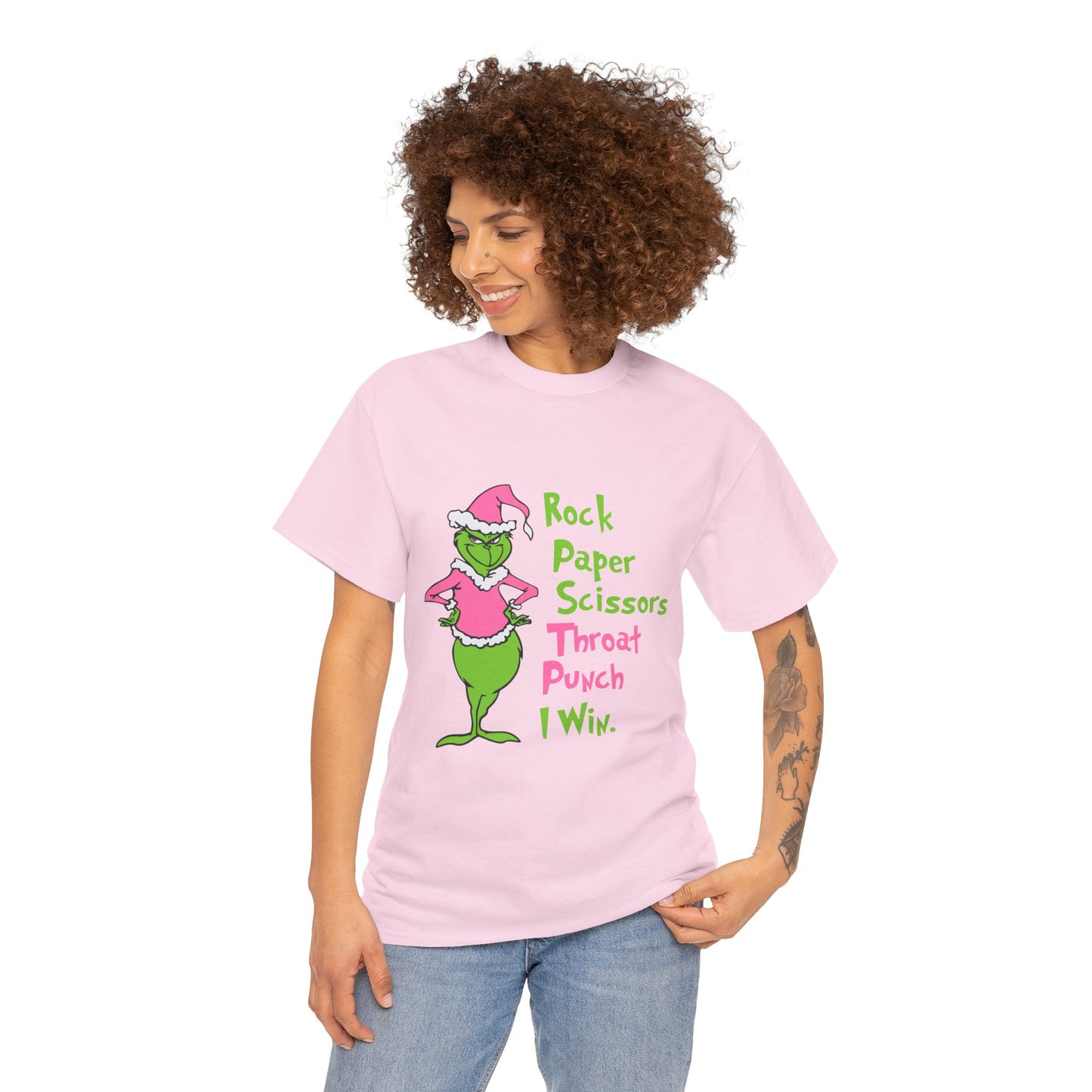 Rock Paper Scissors Throat Punch I Win Funny Christmas Grinch-Inspired Holiday Tee – Sarcastic Pink Santa Unisex Heavy Cotton T-Shirt