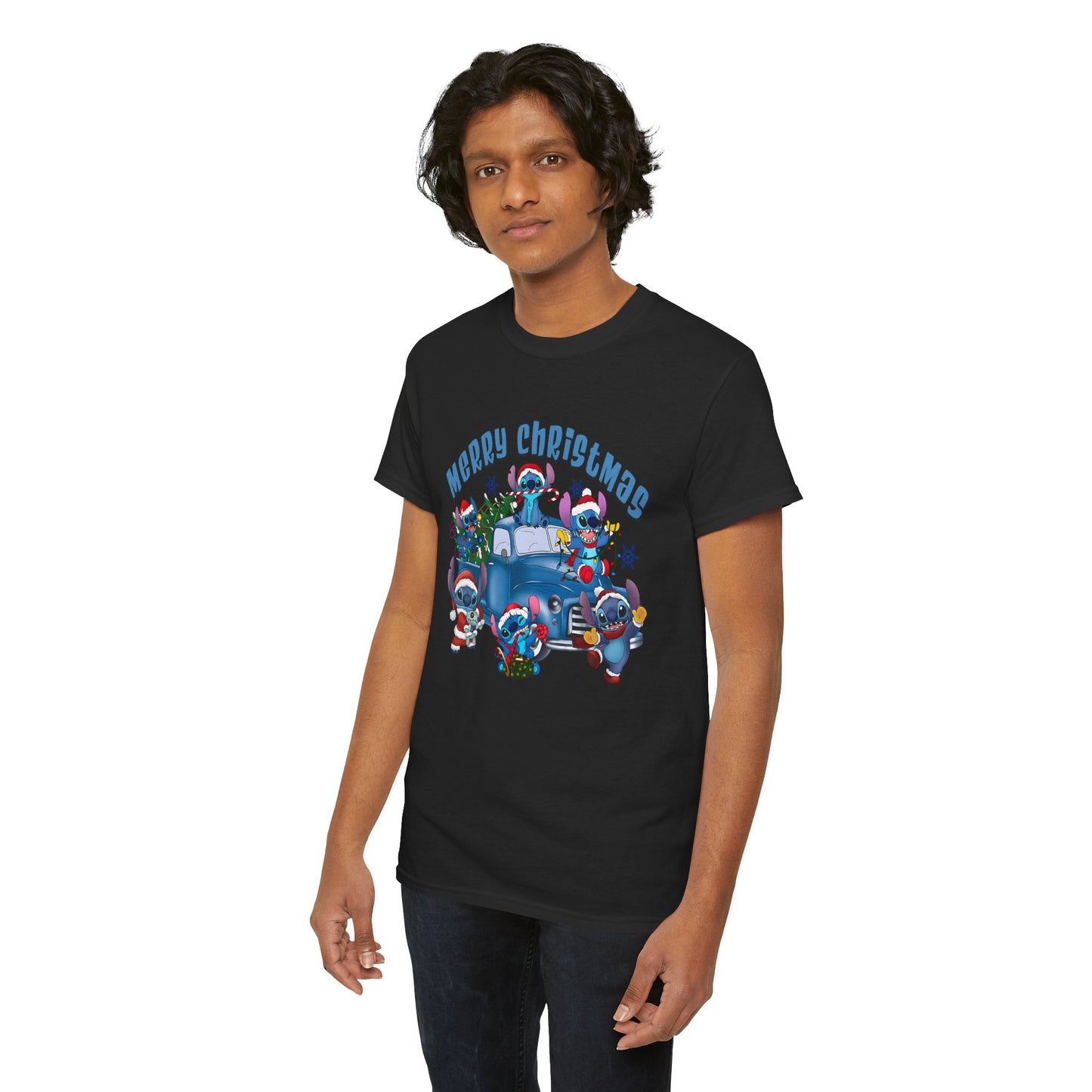 Merry Christmas Unisex Heavy Cotton T-Shirt – Blue Christmas Truck & Cute Holiday Characters Tee