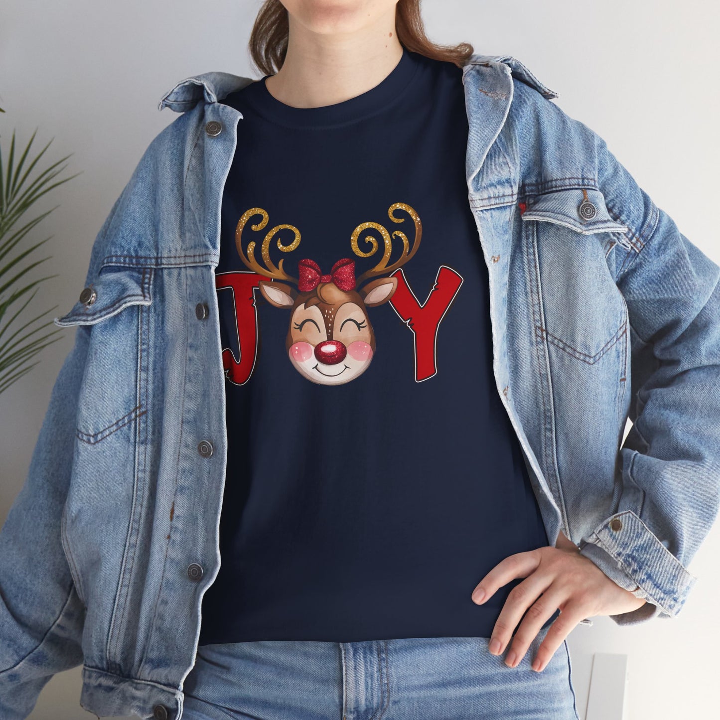 Reindeer Joy Women’s Christmas T-Shirt – Cute Holiday Reindeer Face Heavy Cotton Tee