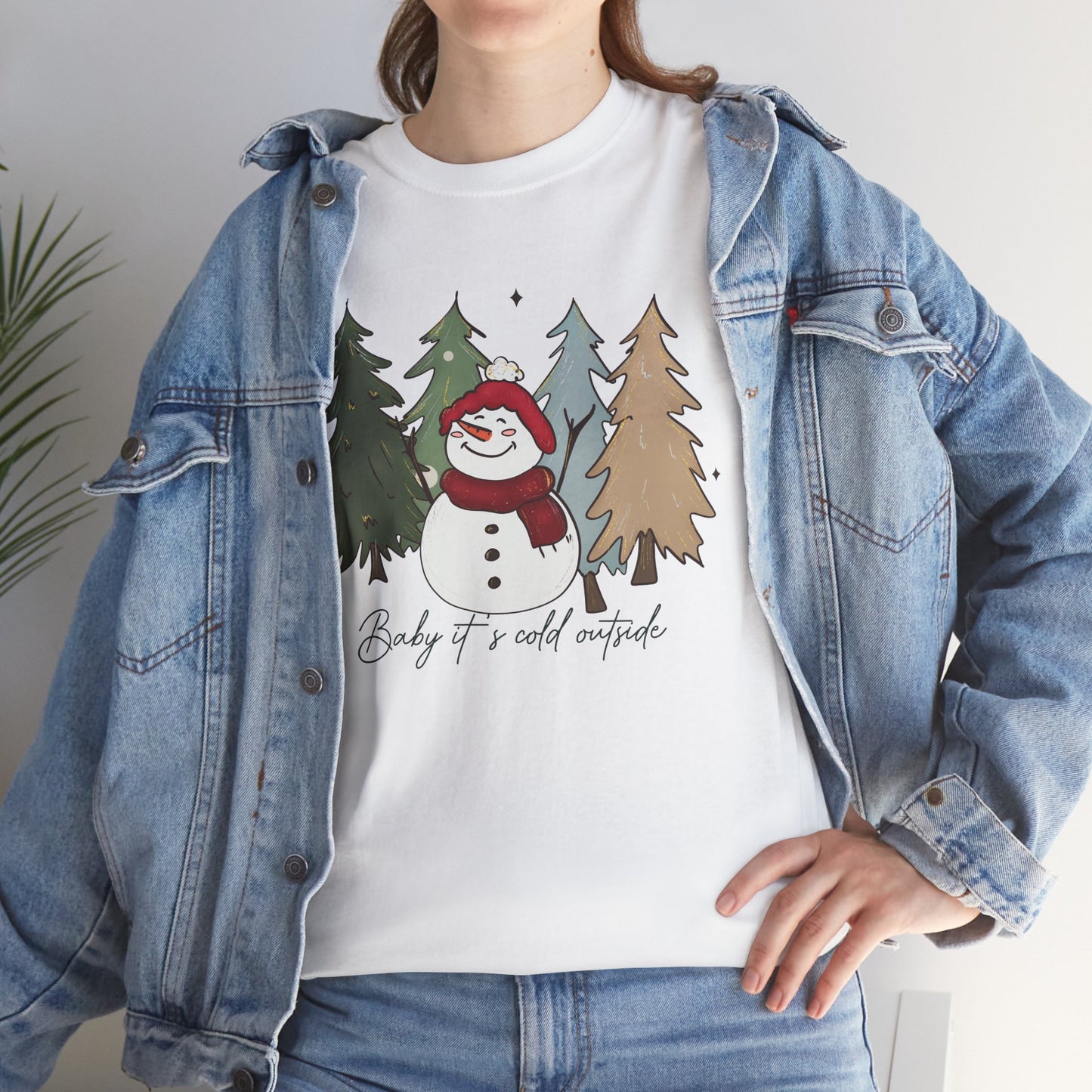 Baby It’s Cold Outside Snowman Christmas Tee – Cozy Winter Aesthetic Holiday Unisex Heavy Cotton T-Shirt