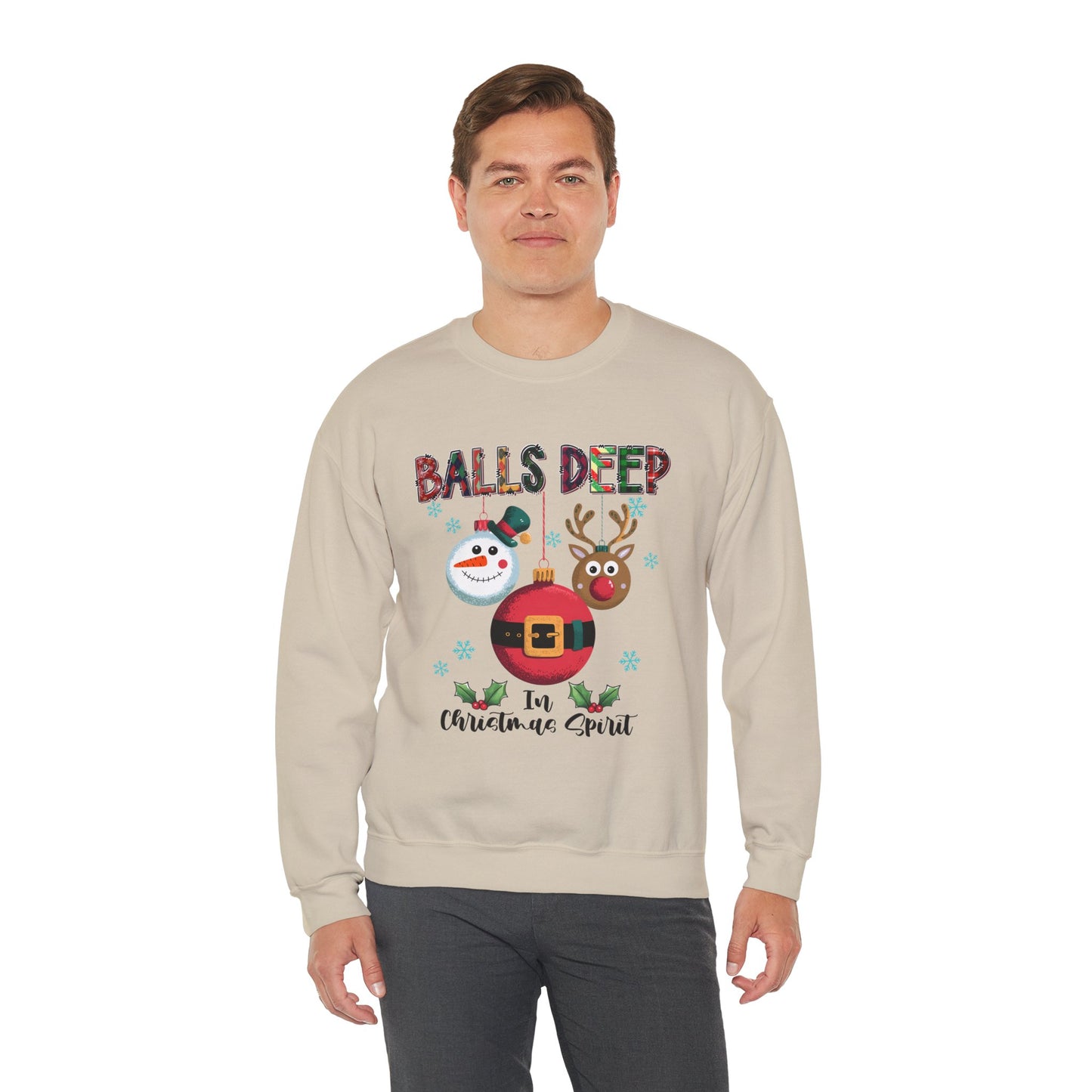 Balls Deep in Christmas Spirit Unisex Heavy Blend Crewneck Sweatshirt – Funny Adult Holiday Snowman & Reindeer Sweater