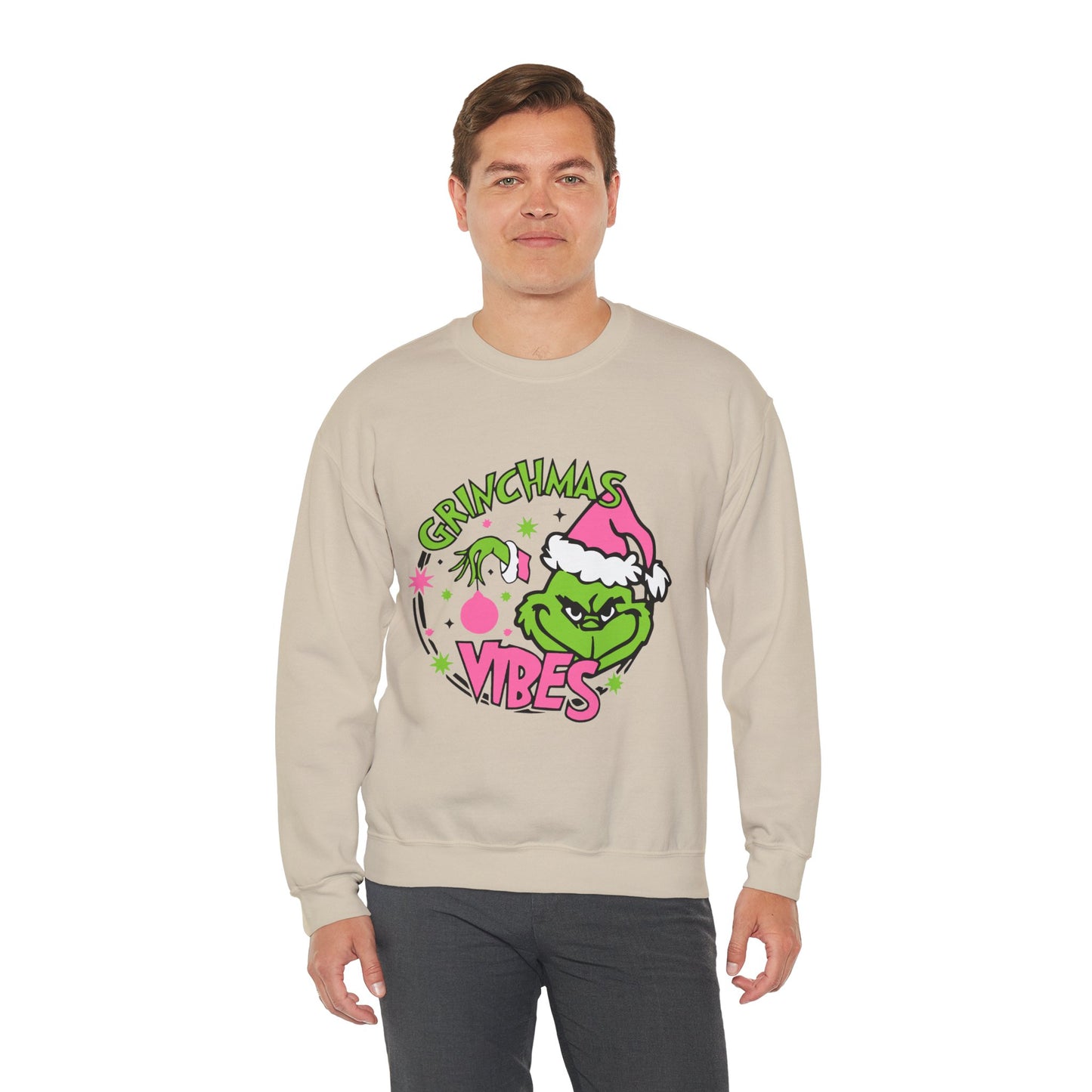 Grinchmas Vibes Funny Christmas Grinch-Inspired Holiday Sweatshirt – Pink Santa Festive Unisex Heavy Blend Crewneck
