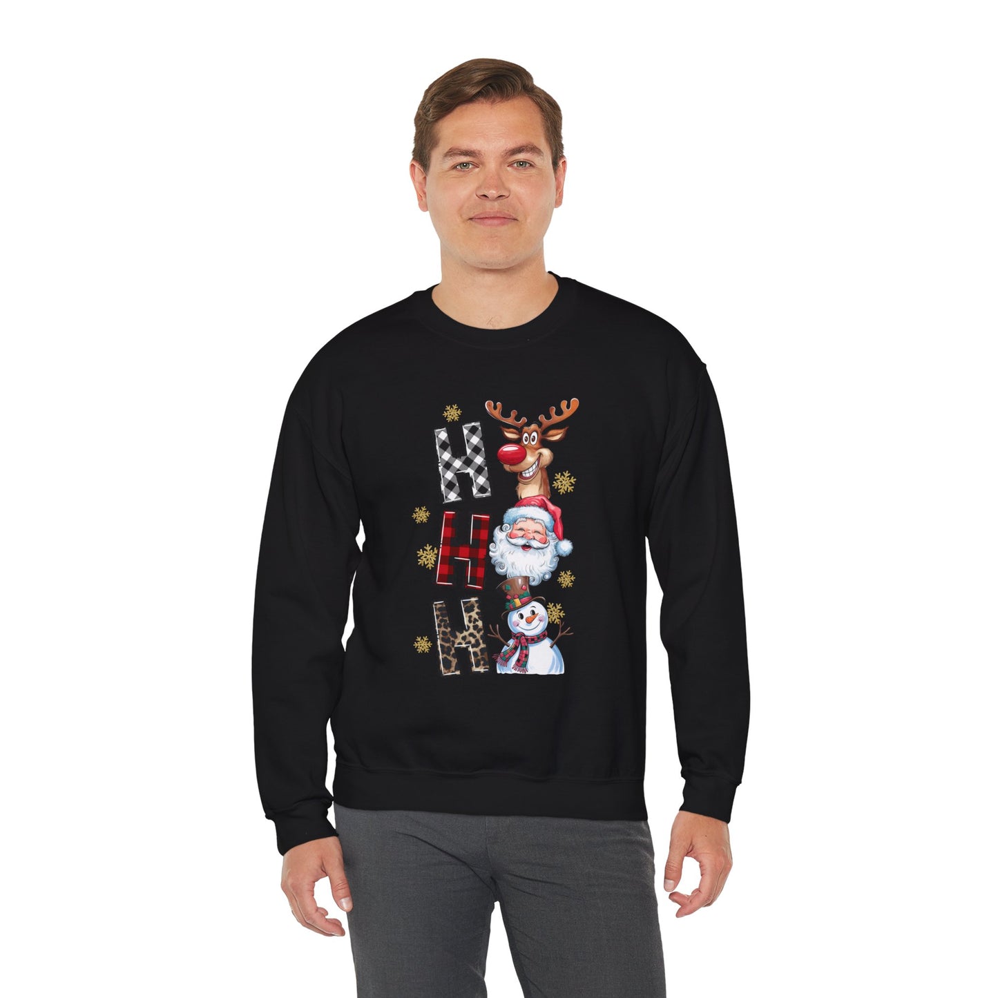 HO HO HO Christmas Unisex Heavy Blend Crewneck Sweatshirt – Santa, Reindeer & Snowman Holiday Sweater