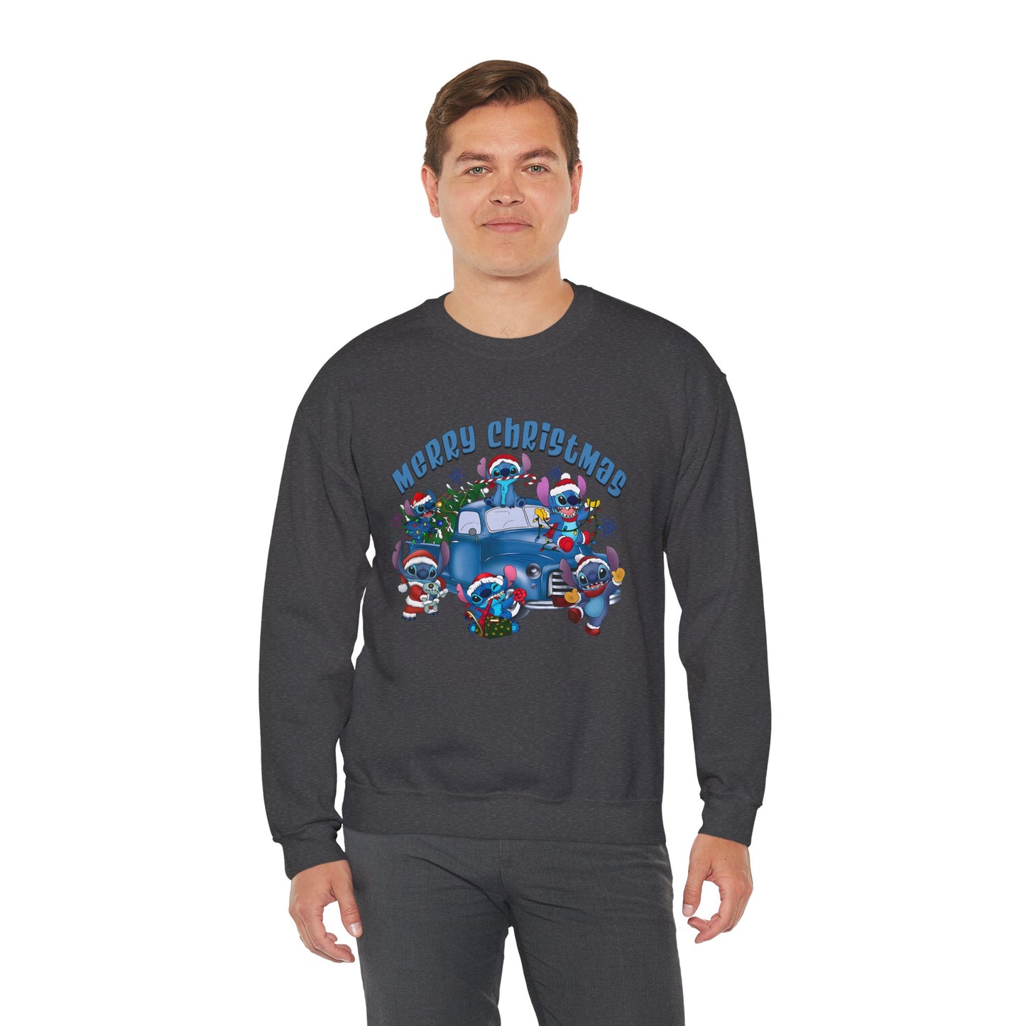 Merry Christmas Unisex Heavy Blend Crewneck Sweatshirt – Blue Christmas Truck & Cute Holiday Characters Sweater