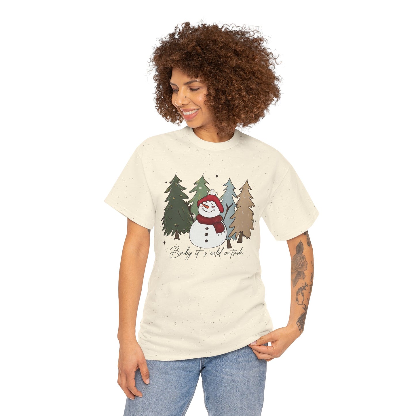 Baby It’s Cold Outside Snowman Christmas Tee – Cozy Winter Aesthetic Holiday Unisex Heavy Cotton T-Shirt