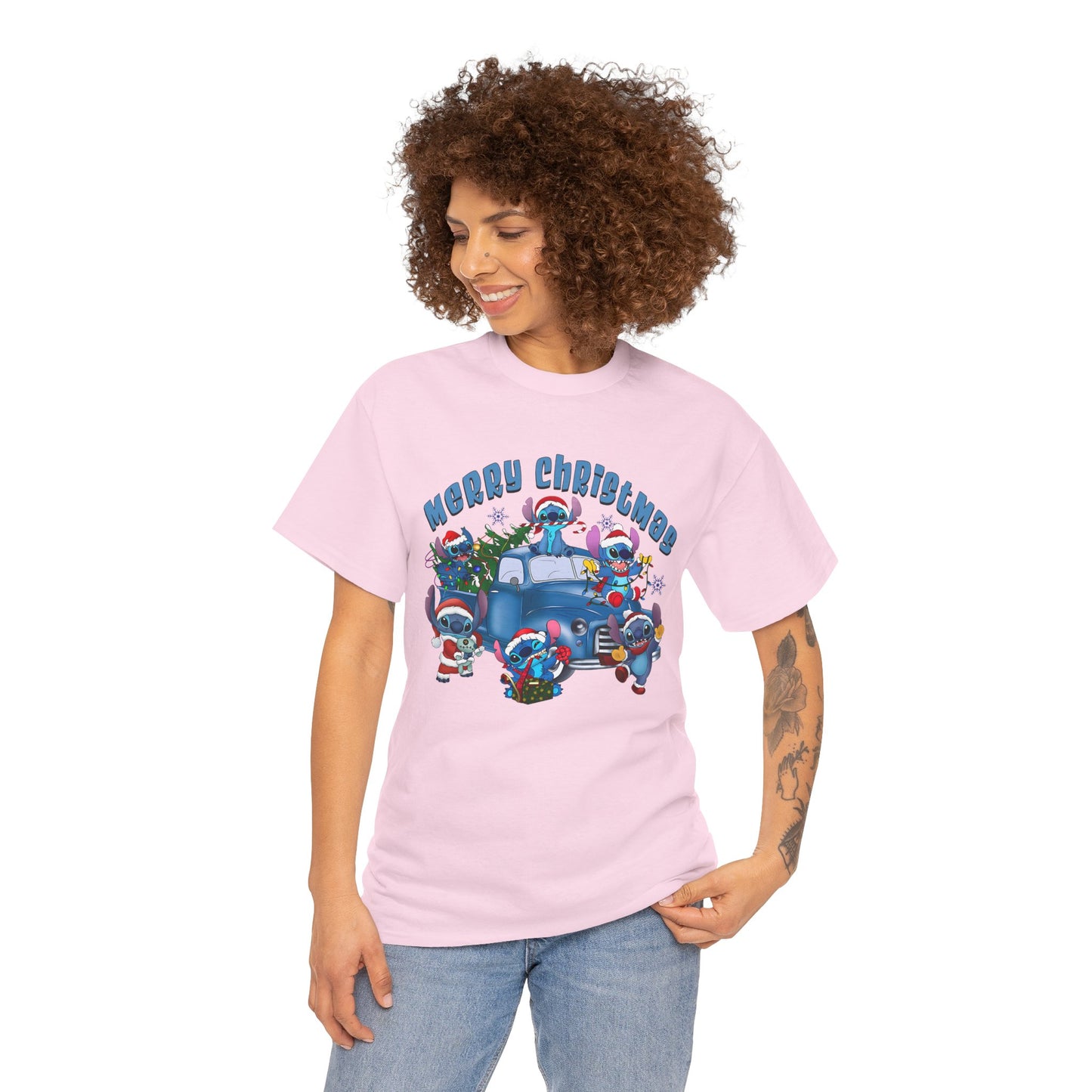 Merry Christmas Unisex Heavy Cotton T-Shirt – Blue Christmas Truck & Cute Holiday Characters Tee