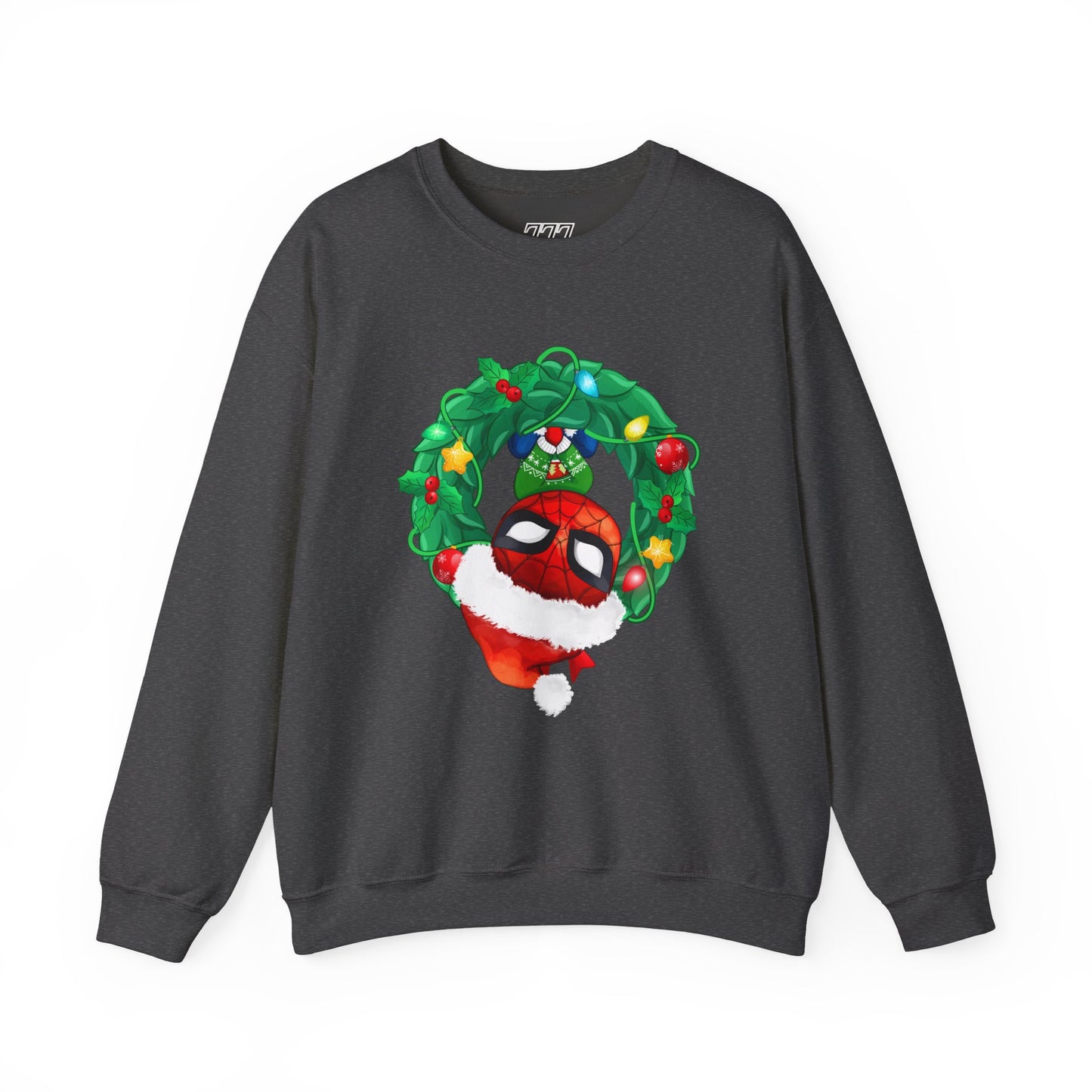 Spidey Wreath Christmas Sweatshirt – Superhero Holiday Lights Festive Unisex Heavy Blend Crewneck