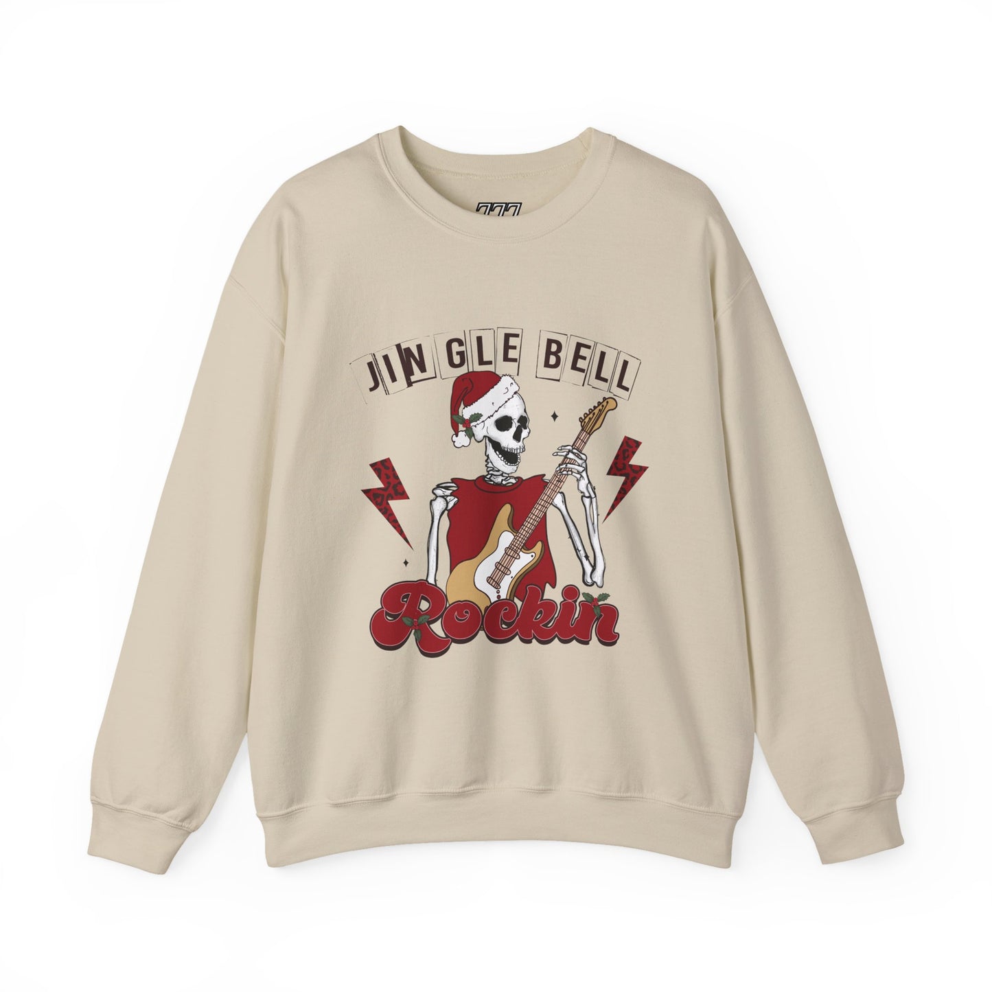 Jingle Bell Rockin’ Skeleton Christmas Rock Music Holiday Sweatshirt – Retro Guitar Santa Unisex Heavy Blend Crewneck