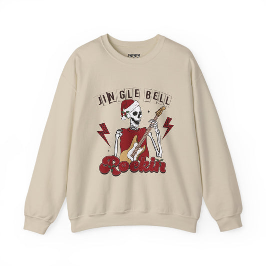 Jingle Bell Rockin’ Skeleton Christmas Rock Music Holiday Sweatshirt – Retro Guitar Santa Unisex Heavy Blend Crewneck