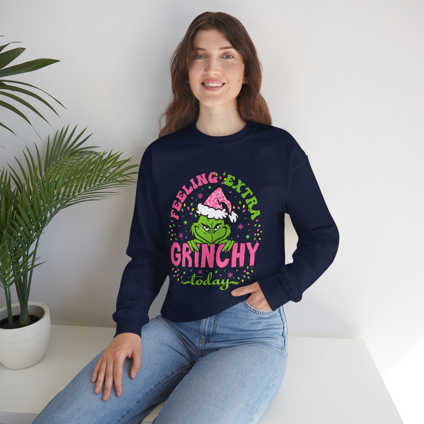 Feeling Extra Grinchy Today Funny Christmas Grinch-Inspired Holiday Sweatshirt – Pink Santa Festive Unisex Heavy Blend Crewneck