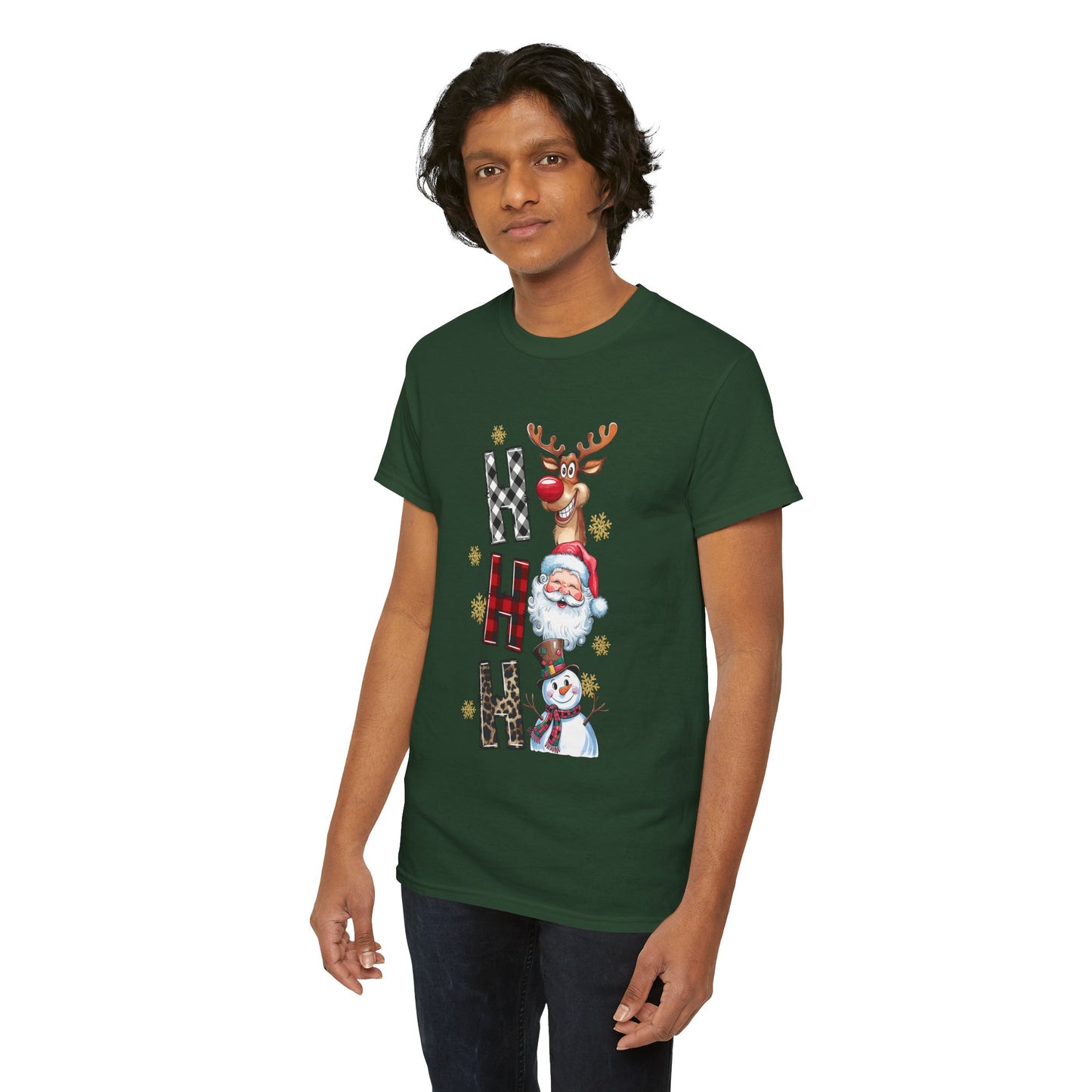 HO HO HO Christmas Unisex Heavy Cotton T-Shirt – Santa, Reindeer & Snowman Holiday Tee