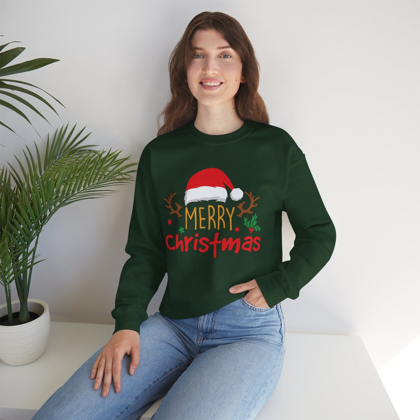 Merry Christmas Reindeer Crewneck – Santa Hat Holiday Unisex Sweatshirt, Festive Xmas Pullover