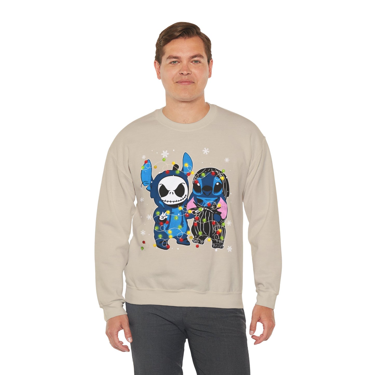 Cute Holiday Duo Christmas Unisex Heavy Blend Crewneck Sweatshirt – Cartoon Alien & Skeleton Festive Sweater