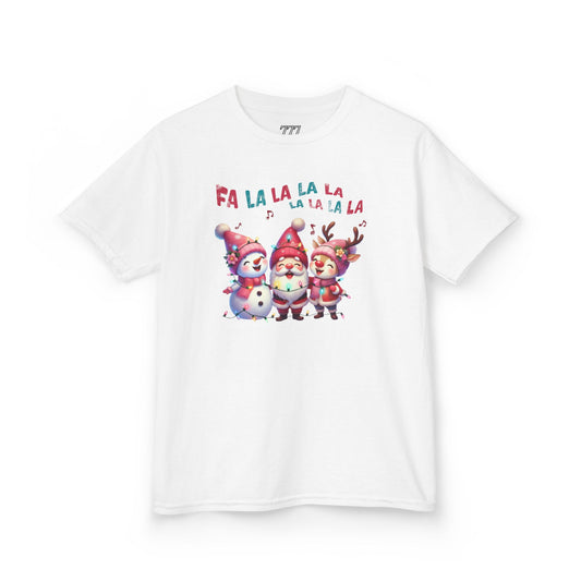 Festive Caroling Trio Kids Christmas T-Shirt – Cute Santa, Snowman & Reindeer Holiday Tee