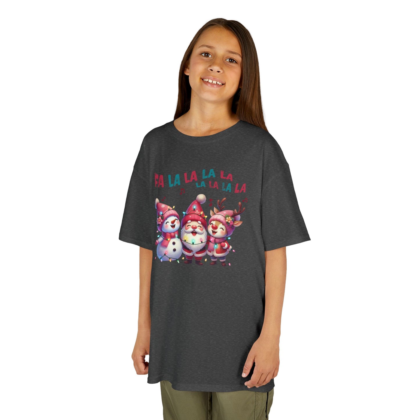Festive Caroling Trio Kids Christmas T-Shirt – Cute Santa, Snowman & Reindeer Holiday Tee