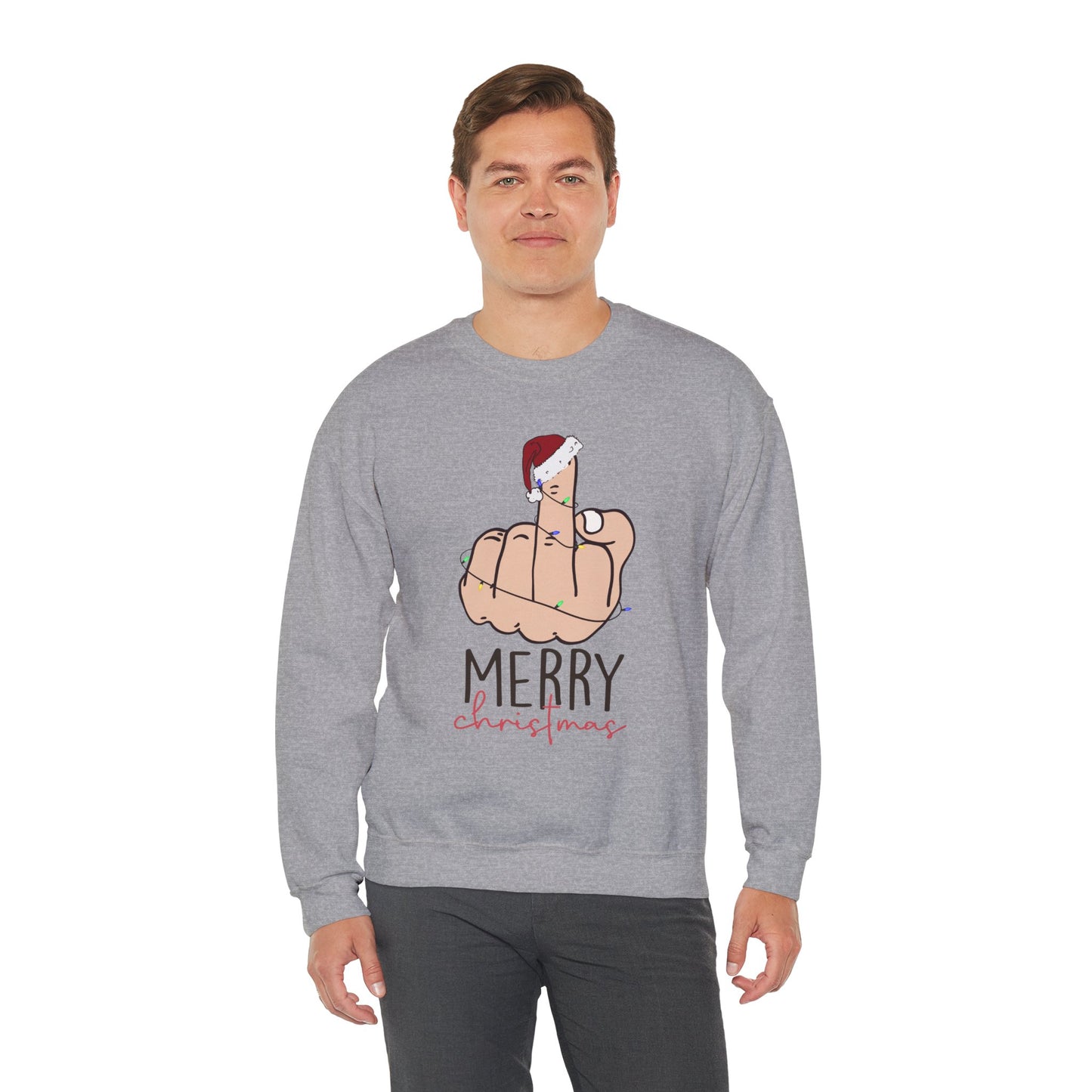 Merry Christmas Middle Finger Funny Adult Holiday Sweatshirt – Sarcastic Santa Joke Unisex Heavy Blend Crewneck