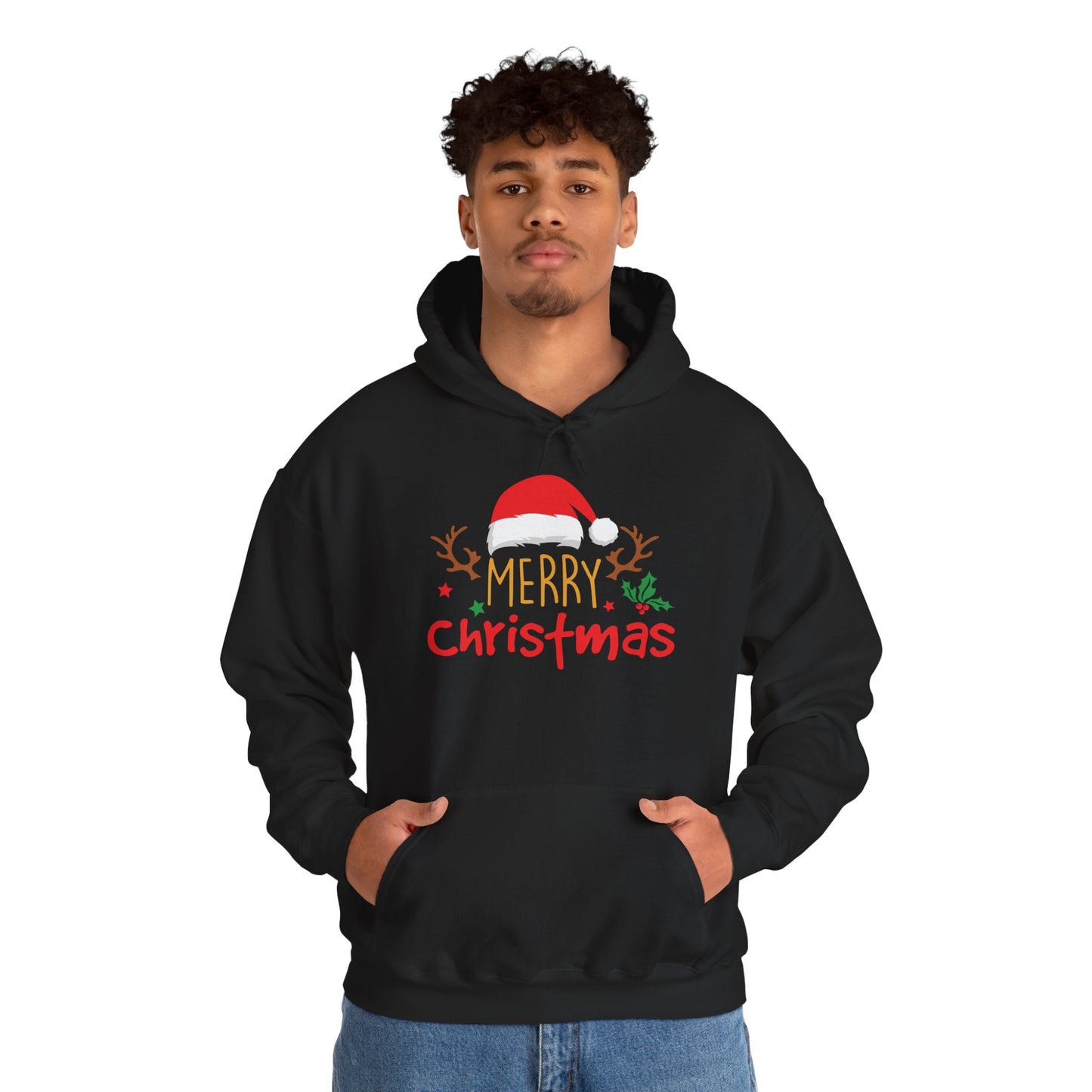 Merry Christmas Reindeer Hoodie – Santa Hat Holiday Unisex Sweatshirt, Festive Xmas Pullover