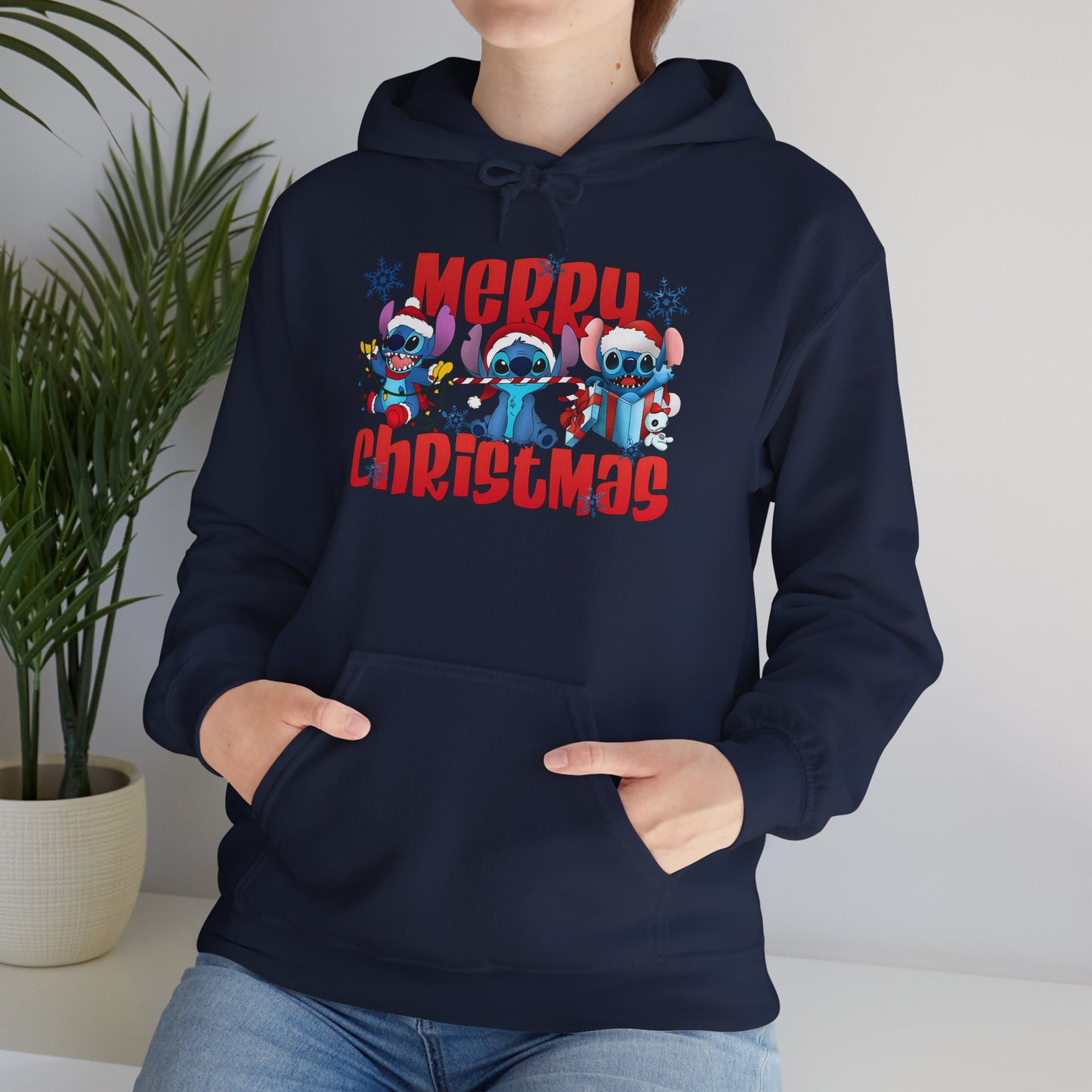 Merry Christmas Unisex Heavy Blend Hooded Sweatshirt – Cute Blue Holiday Characters Hoodie