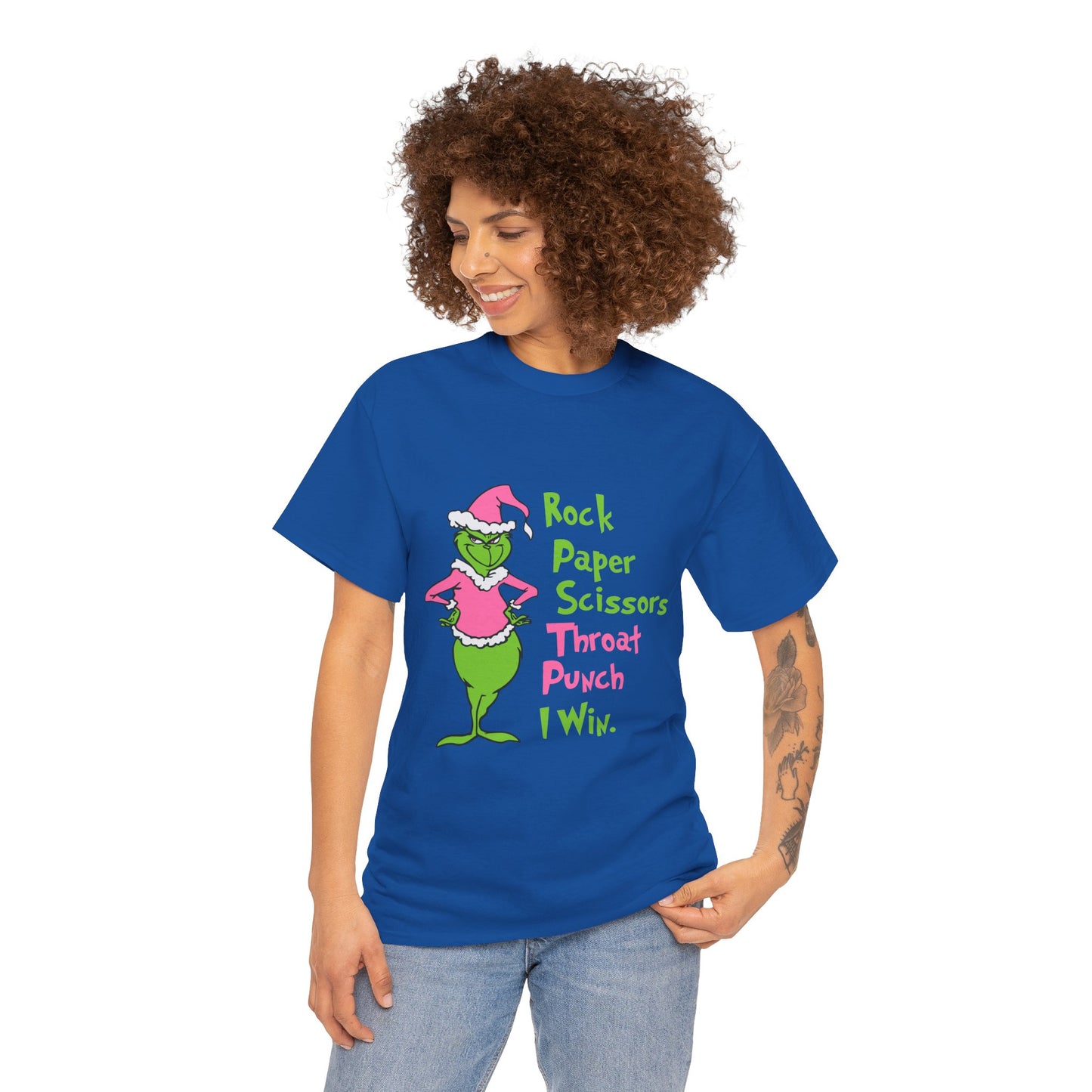 Rock Paper Scissors Throat Punch I Win Funny Christmas Grinch-Inspired Holiday Tee – Sarcastic Pink Santa Unisex Heavy Cotton T-Shirt