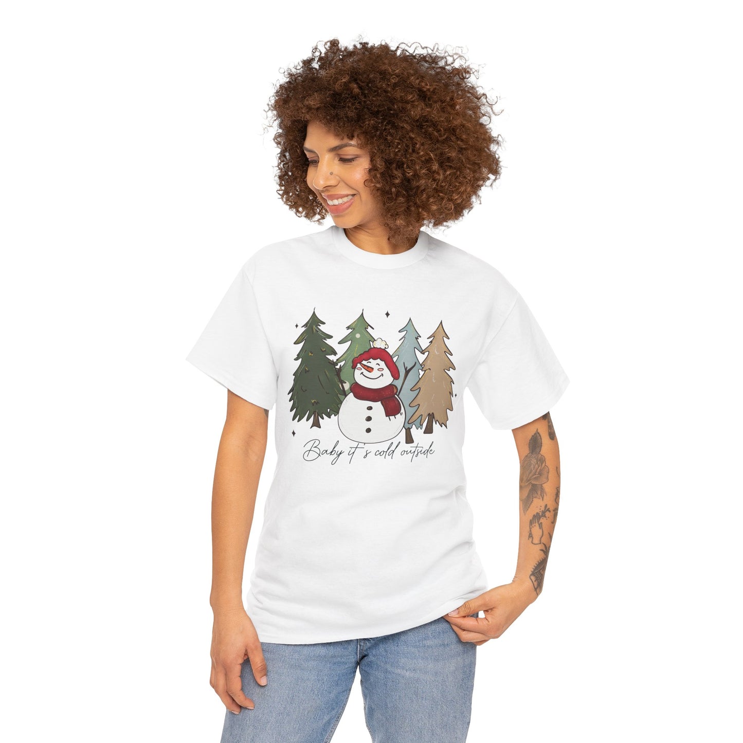 Baby It’s Cold Outside Snowman Christmas Tee – Cozy Winter Aesthetic Holiday Unisex Heavy Cotton T-Shirt