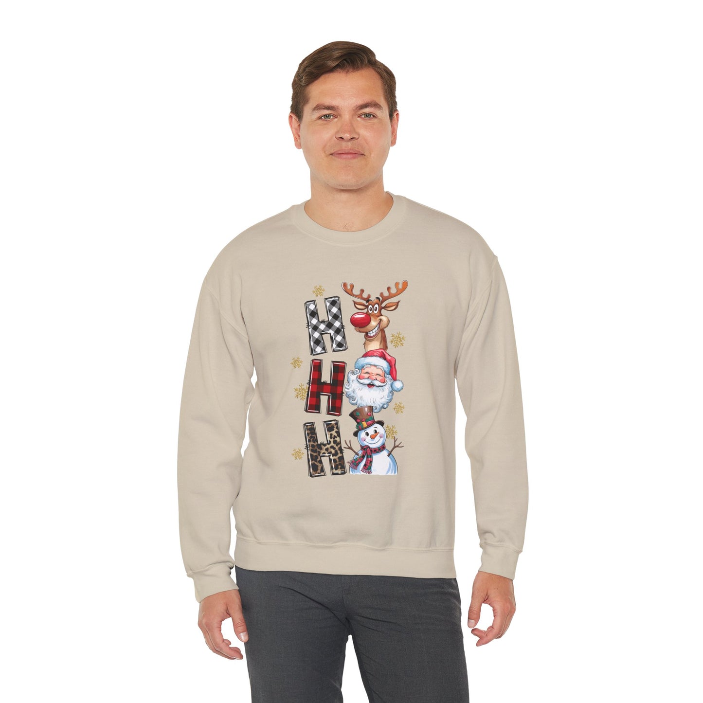 HO HO HO Christmas Unisex Heavy Blend Crewneck Sweatshirt – Santa, Reindeer & Snowman Holiday Sweater