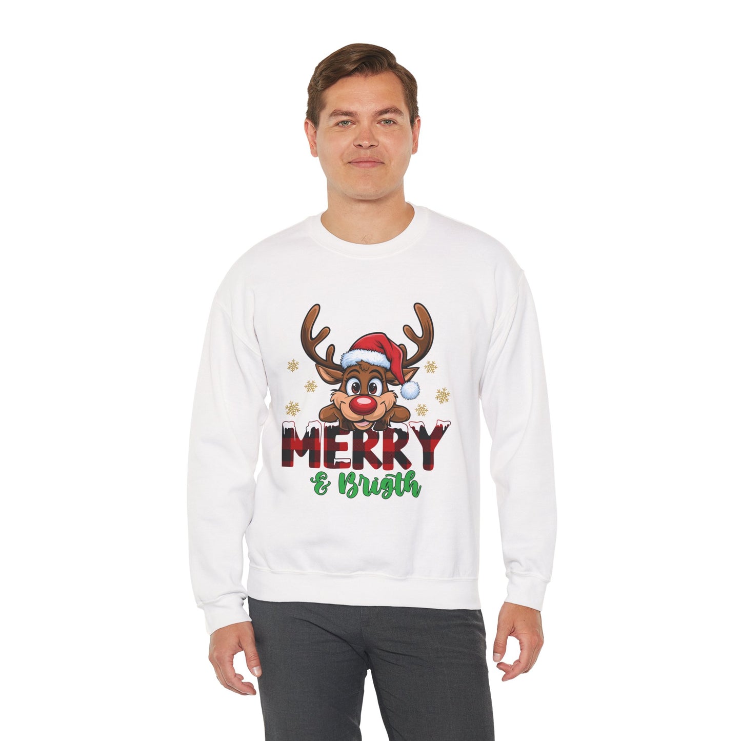 Merry & Bright Unisex Heavy Blend Crewneck Sweatshirt – Cute Christmas Reindeer Holiday Sweater