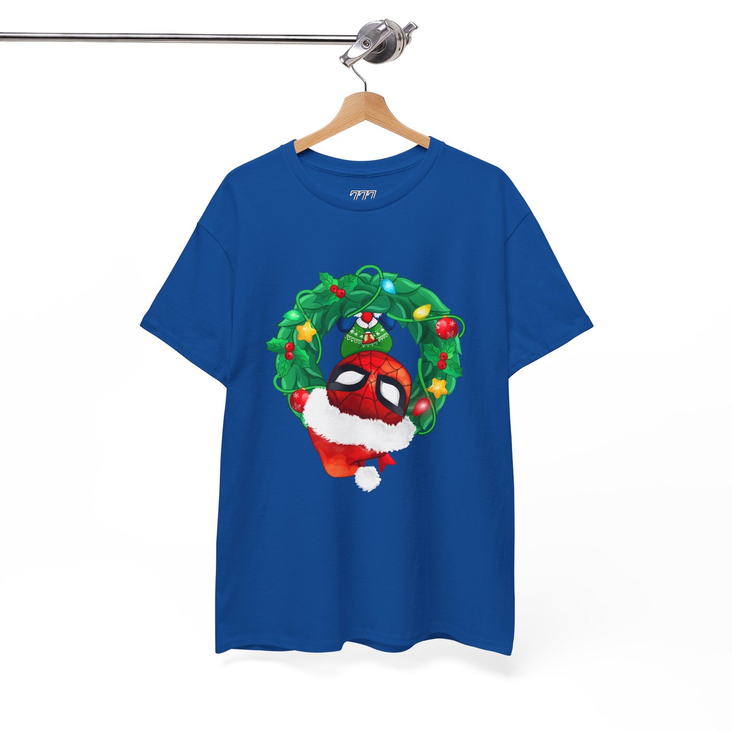 Spidey Wreath Christmas Tee – Superhero Holiday Lights Festive Unisex Heavy Cotton T-Shirt