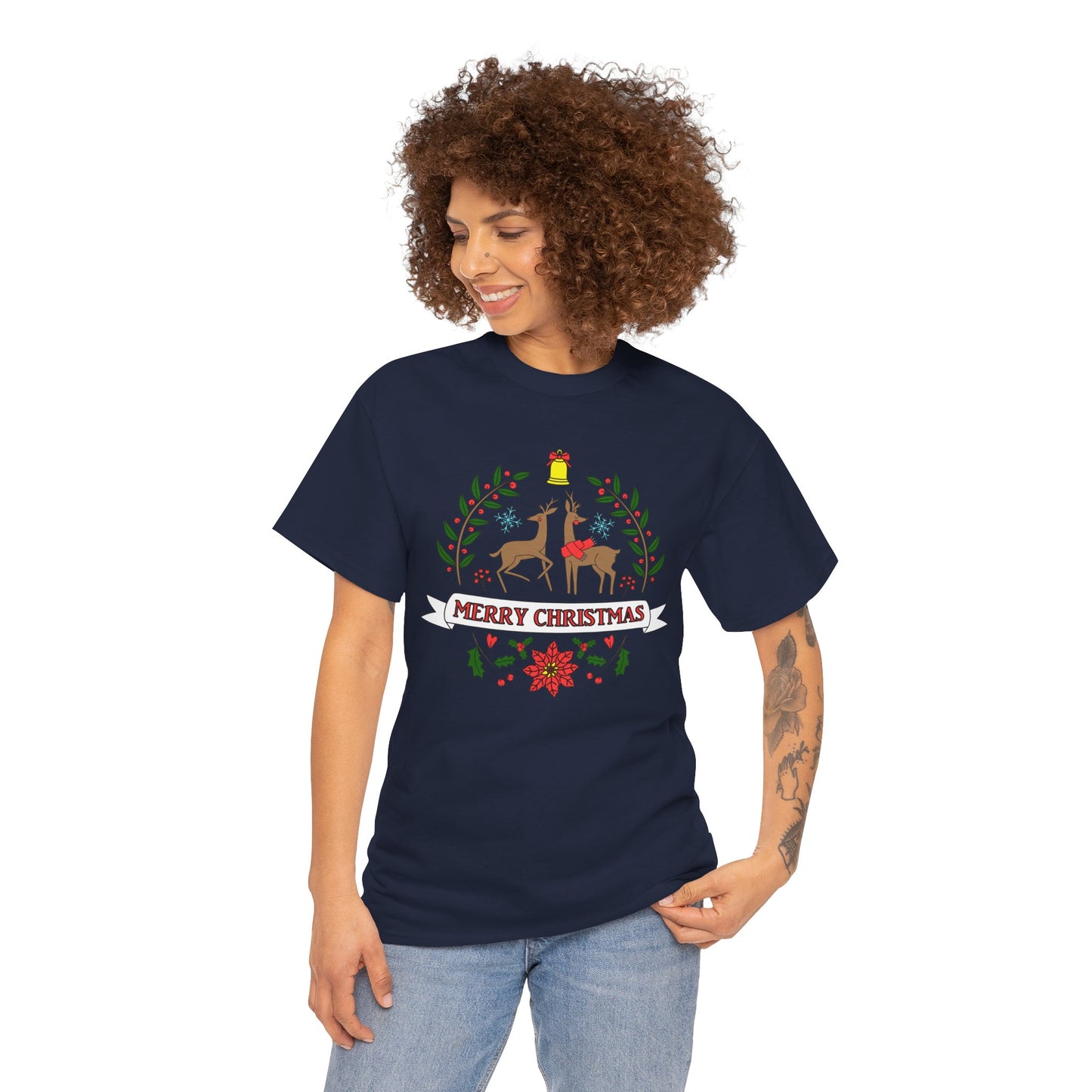 Merry Christmas Reindeer T-Shirt – Classic Holiday Laurel & Poinsettia Tee (Unisex)