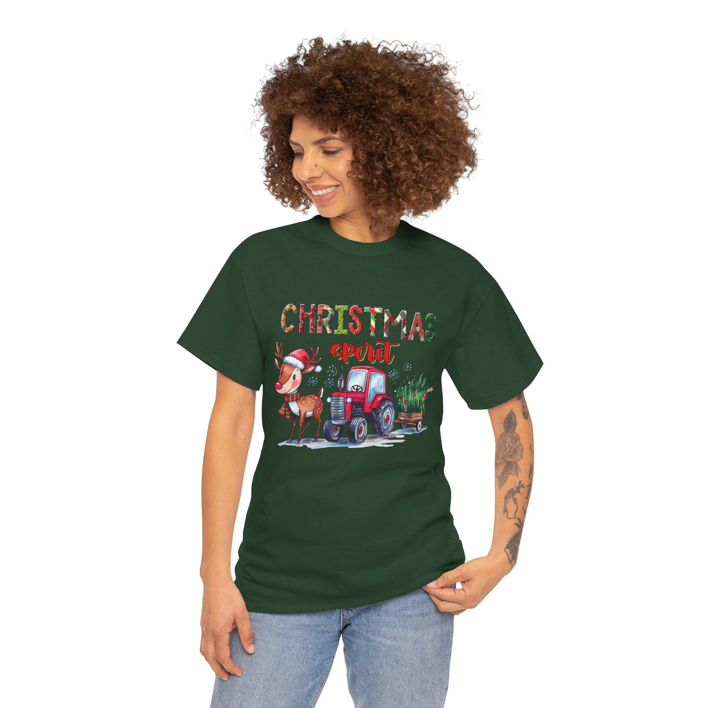 Christmas Spirit Unisex Heavy Cotton T-Shirt – Cute Reindeer & Red Tractor Holiday Tee