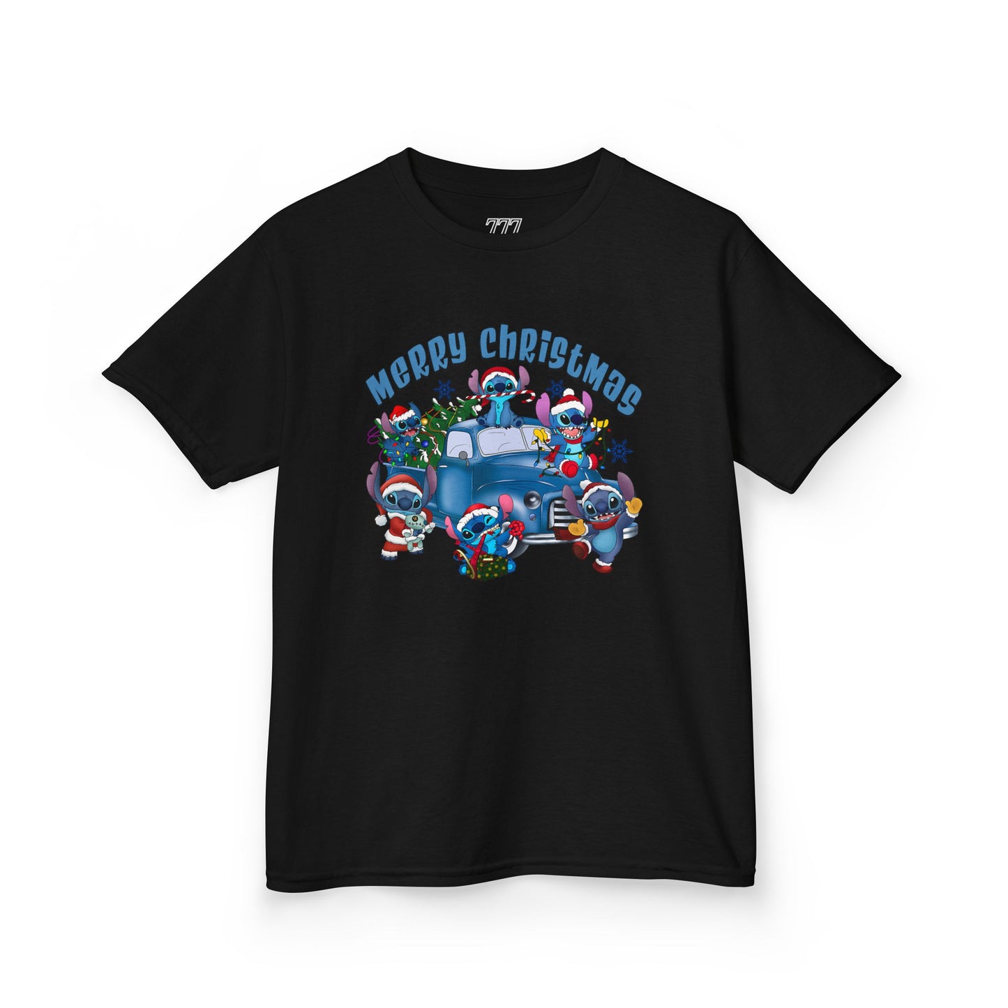 Merry Christmas Kids T-Shirt – Cute Blue Holiday Characters & Christmas Truck Tee