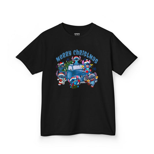 Merry Christmas Kids T-Shirt – Cute Blue Holiday Characters & Christmas Truck Tee