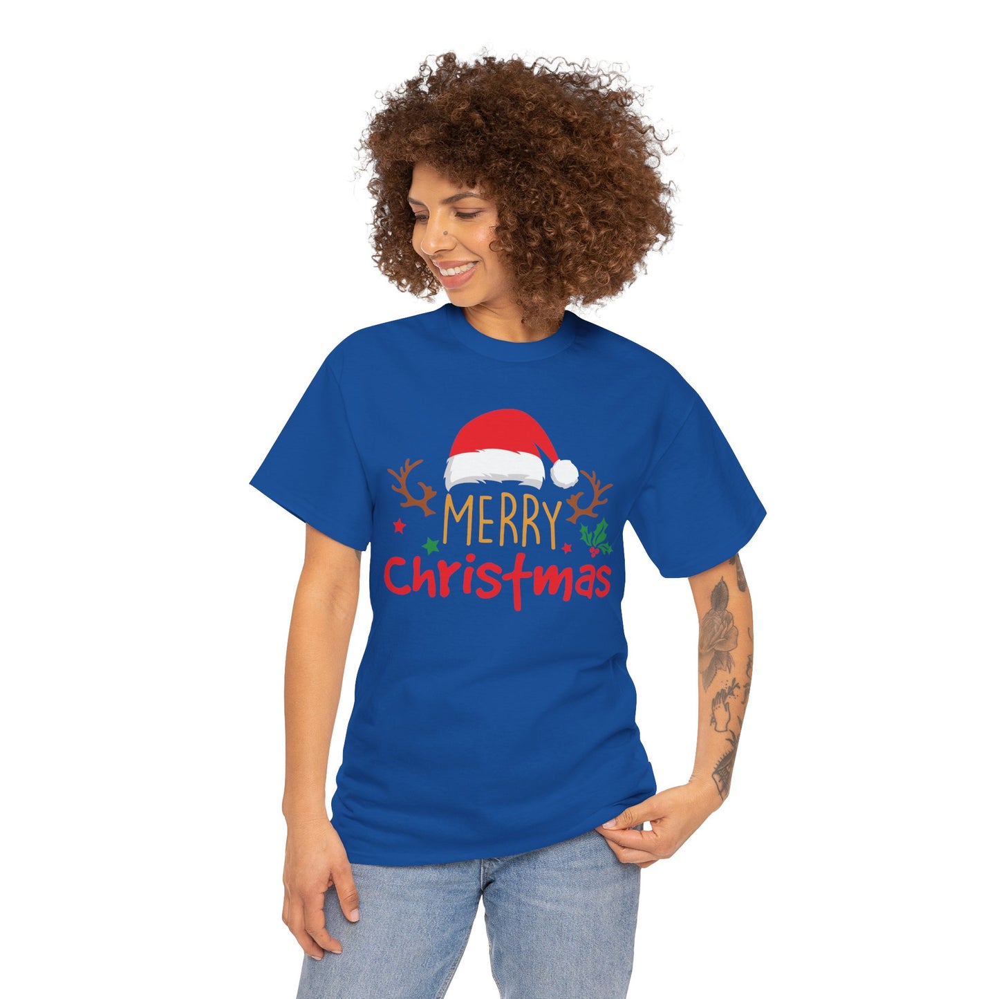 Merry Christmas Reindeer Unisex T-Shirt – Santa Hat Holiday Graphic Tee, Festive Xmas Shirt