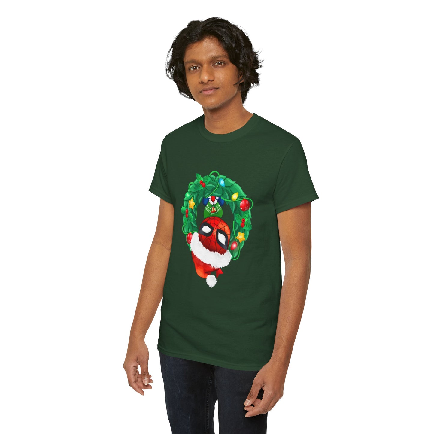Spidey Wreath Christmas Tee – Superhero Holiday Lights Festive Unisex Heavy Cotton T-Shirt