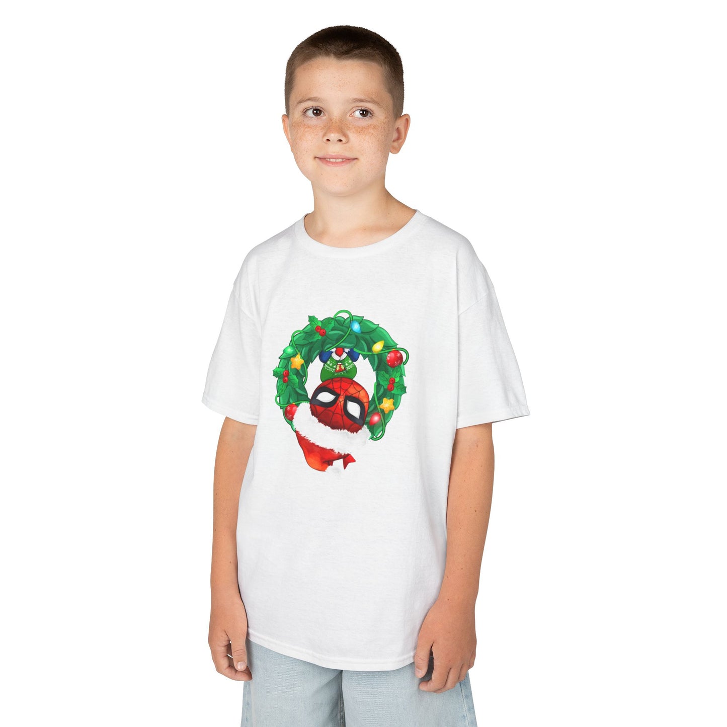 Spidey Wreath Kids Christmas Tee – Superhero Holiday Shirt for Kids Heavy Cotton T-Shirt
