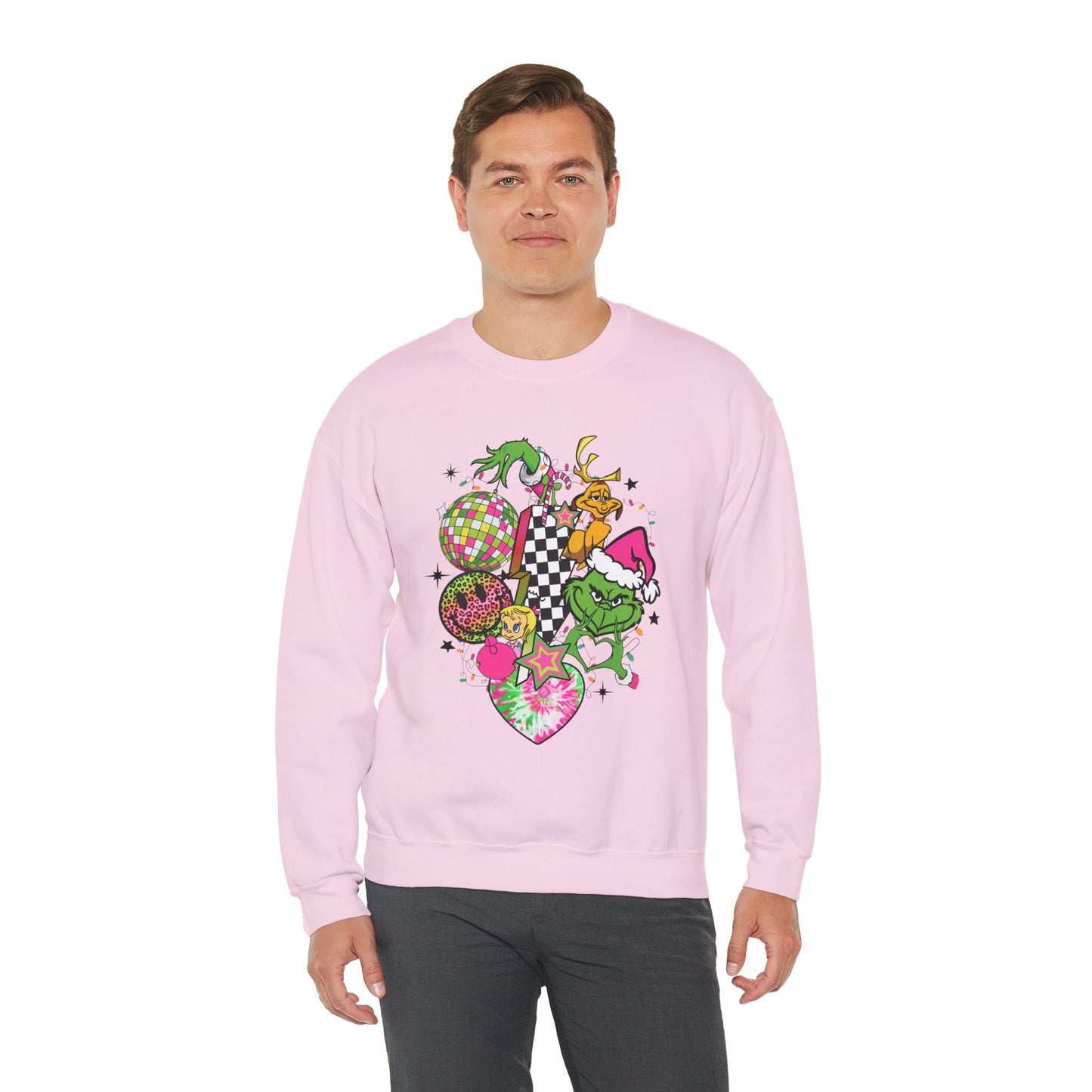 Grinchy Bells Christmas Crewneck – Neon Holiday Hearts & Grumpy Green Aesthetic Sweatshirt (Unisex)