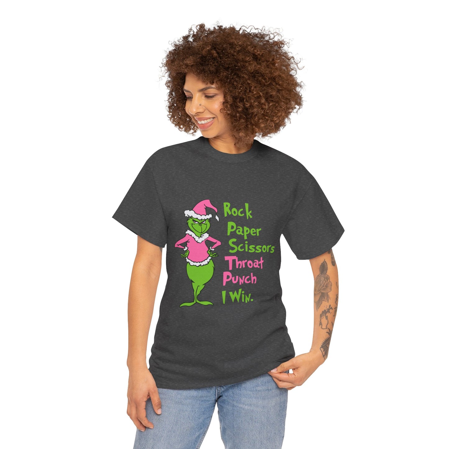 Rock Paper Scissors Throat Punch I Win Funny Christmas Grinch-Inspired Holiday Tee – Sarcastic Pink Santa Unisex Heavy Cotton T-Shirt